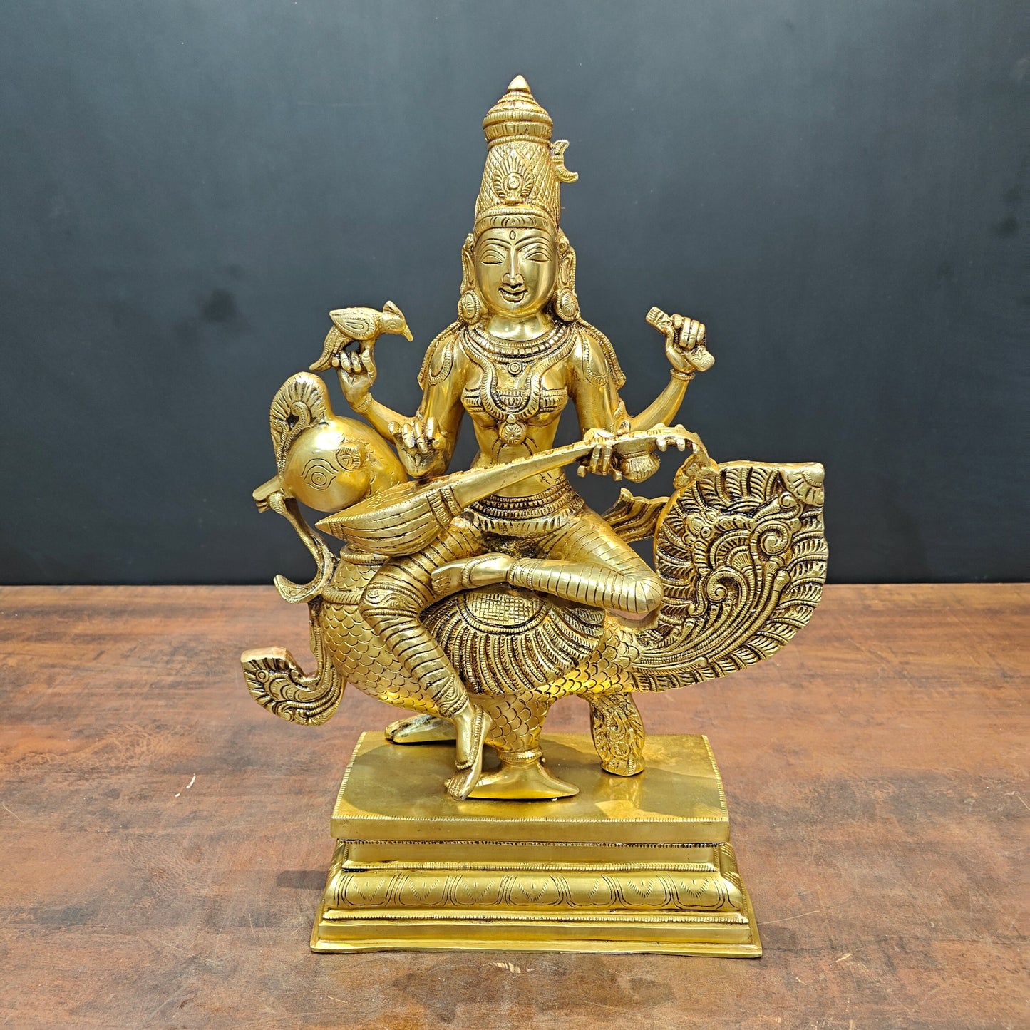 Brass Enchanting Goddess Saraswati Idol Seated On Swan 19 Inches