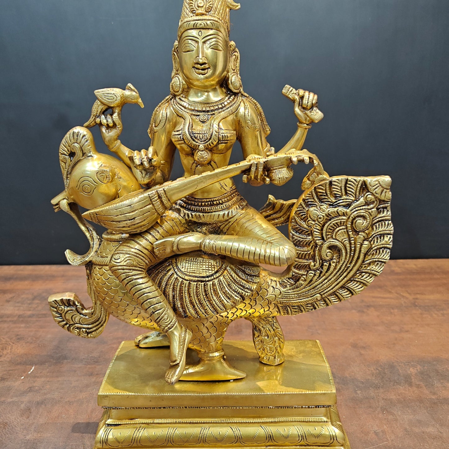 Brass Enchanting Goddess Saraswati Idol Seated On Swan 19 Inches