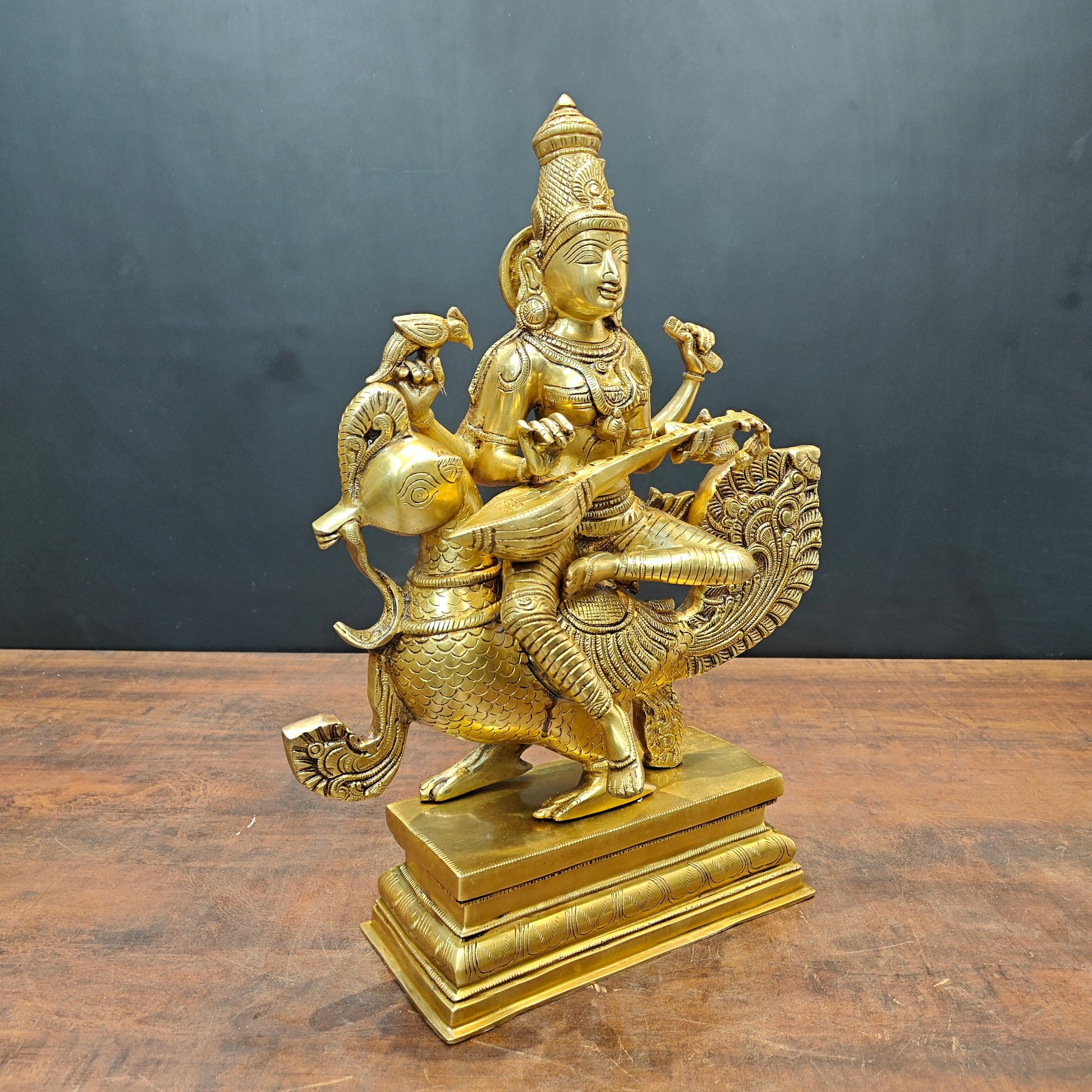 Brass Enchanting Goddess Saraswati Idol Seated On Swan 19 Inches - Image 5
