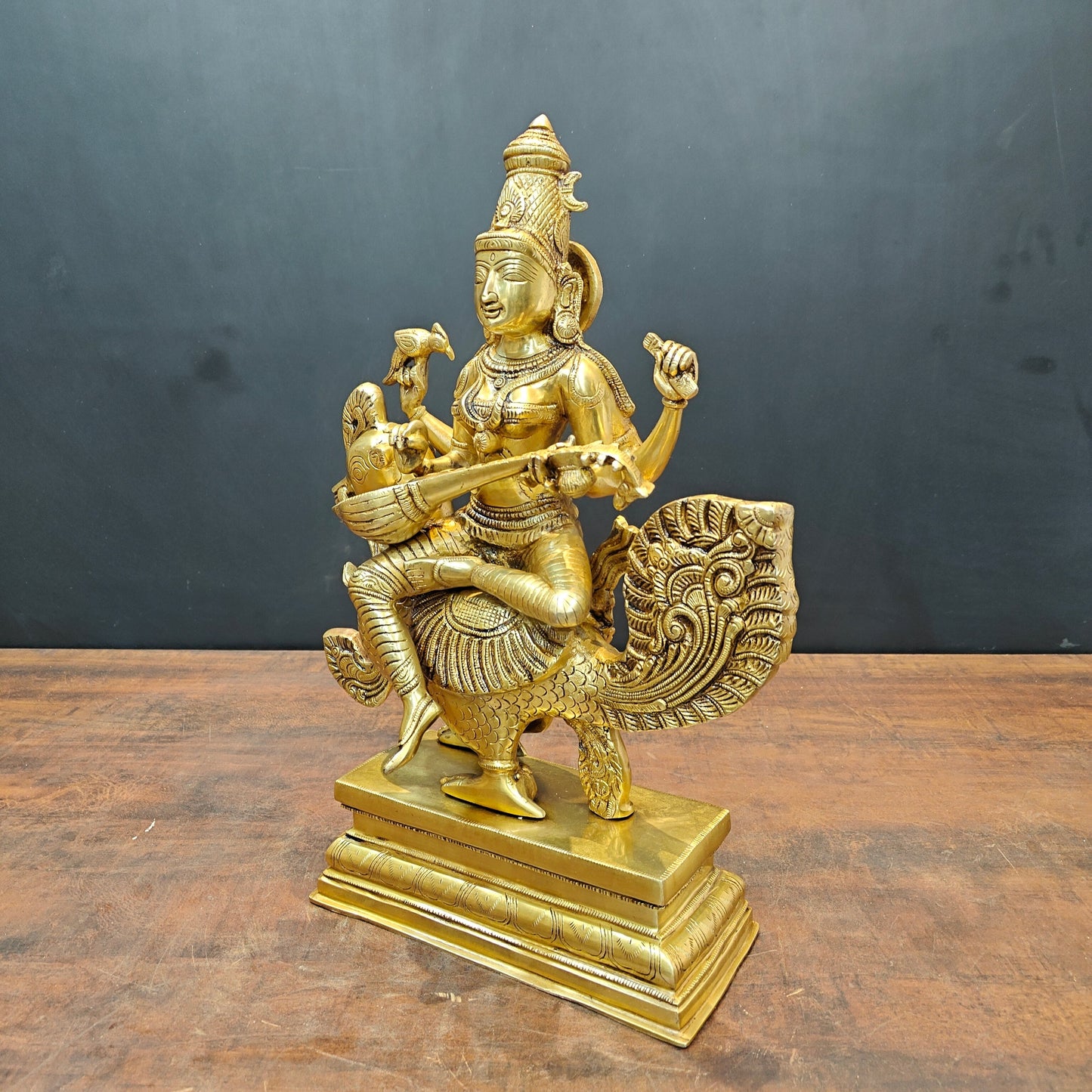Brass Enchanting Goddess Saraswati Idol Seated On Swan 19 Inches