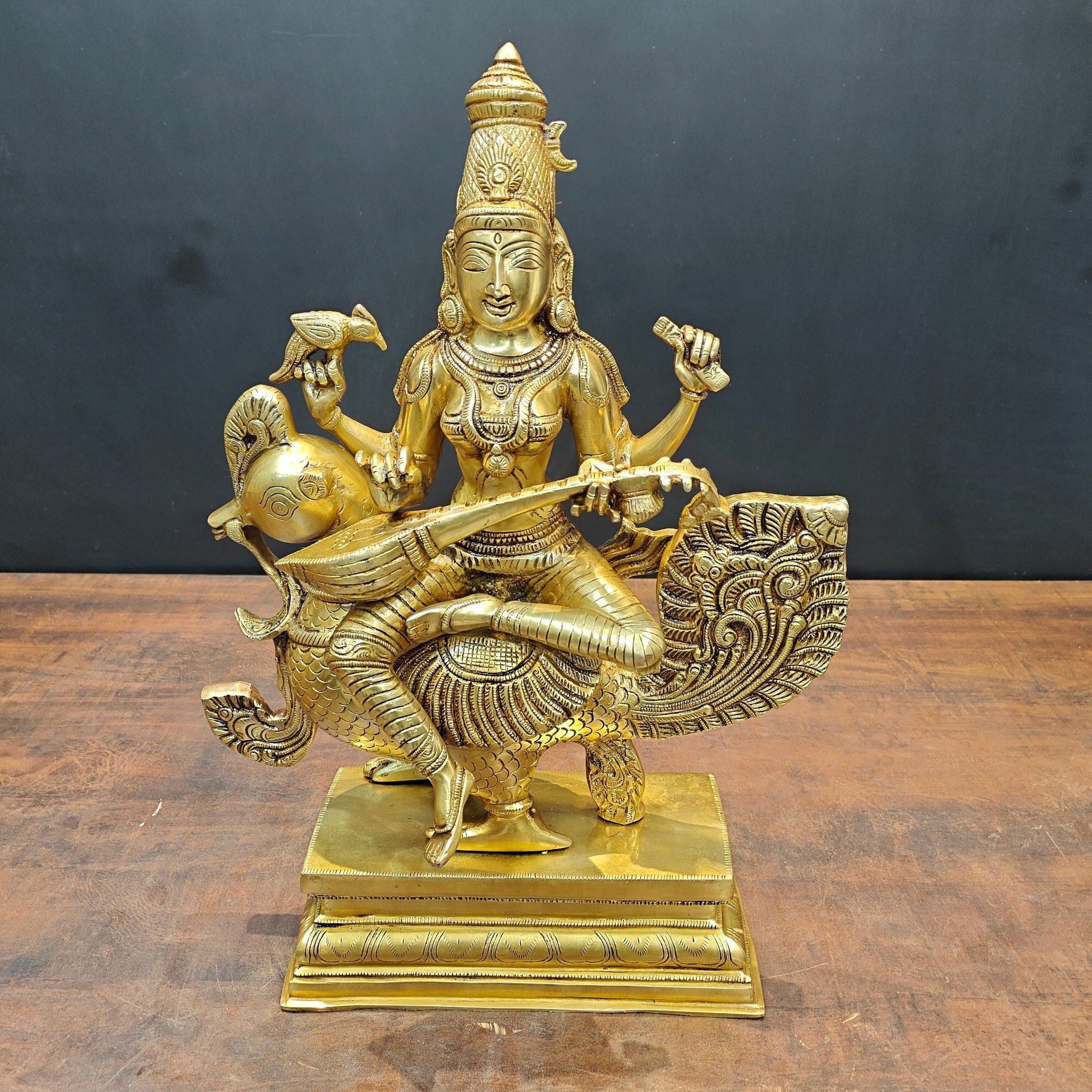 Brass Enchanting Goddess Saraswati Idol Seated On Swan 19 Inches - Image 7