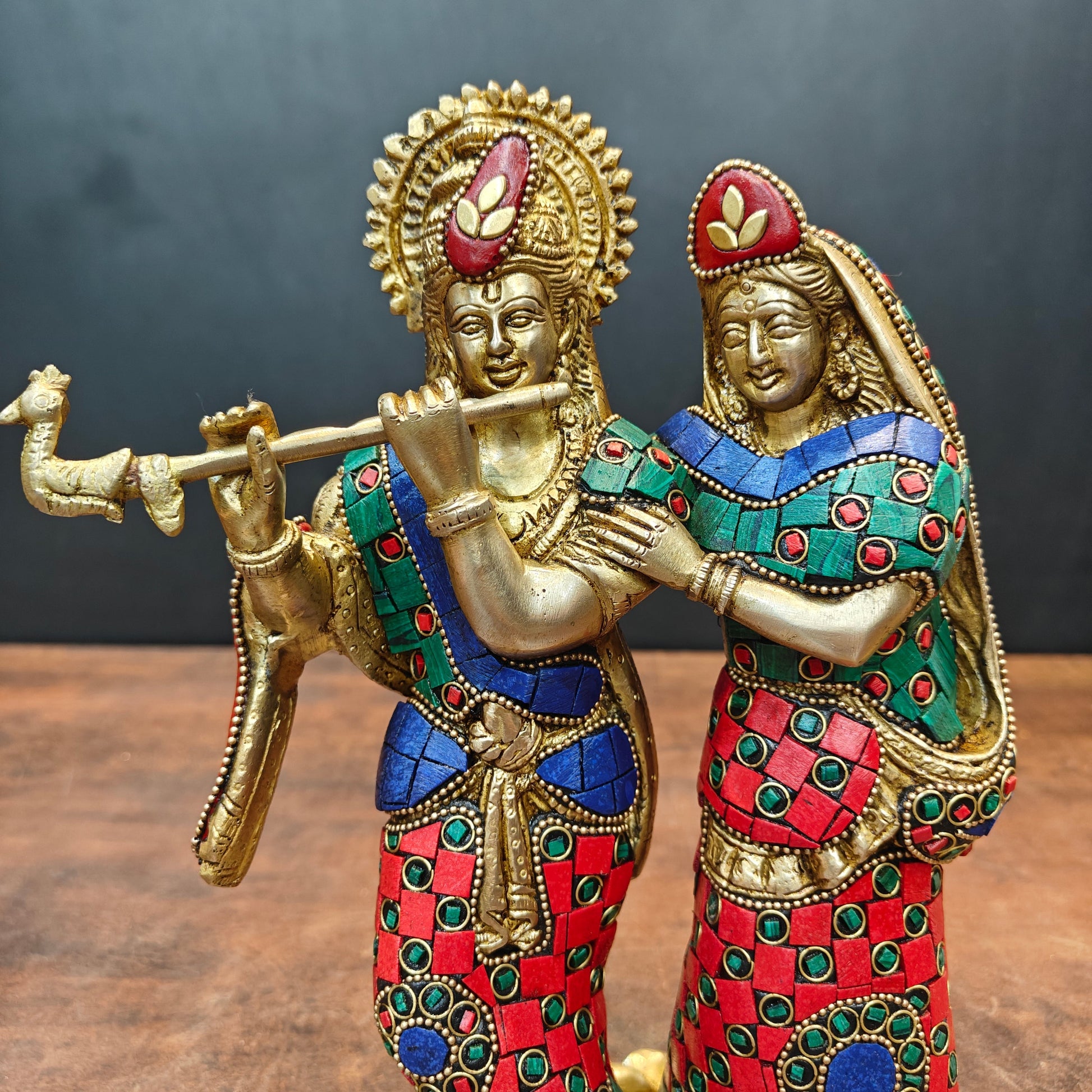 Brass Radha Krishna Idol With Stone Work For Home Decor 10 Inch - Image 2