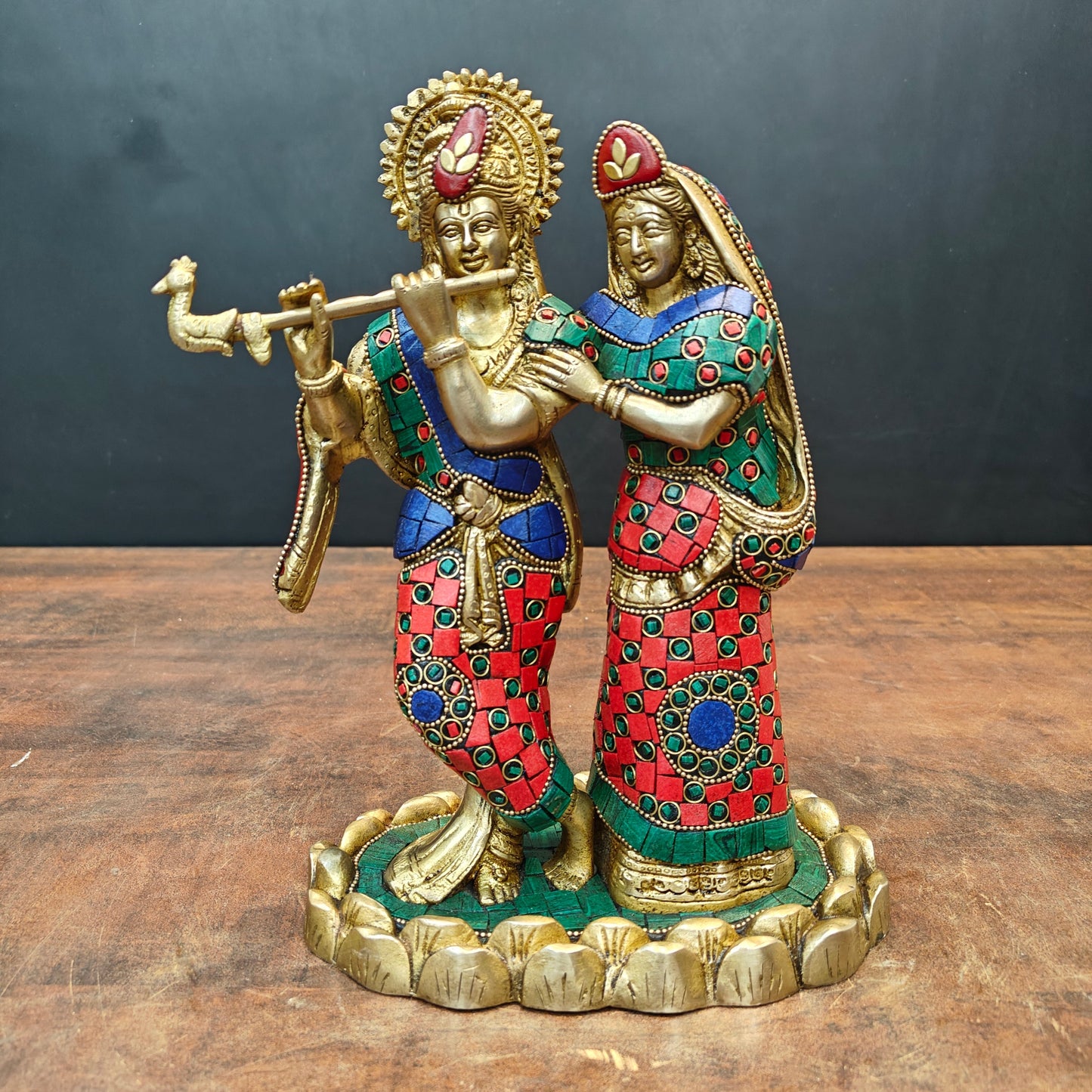 Brass Radha Krishna Idol With Stone Work For Home Decor 10 Inch