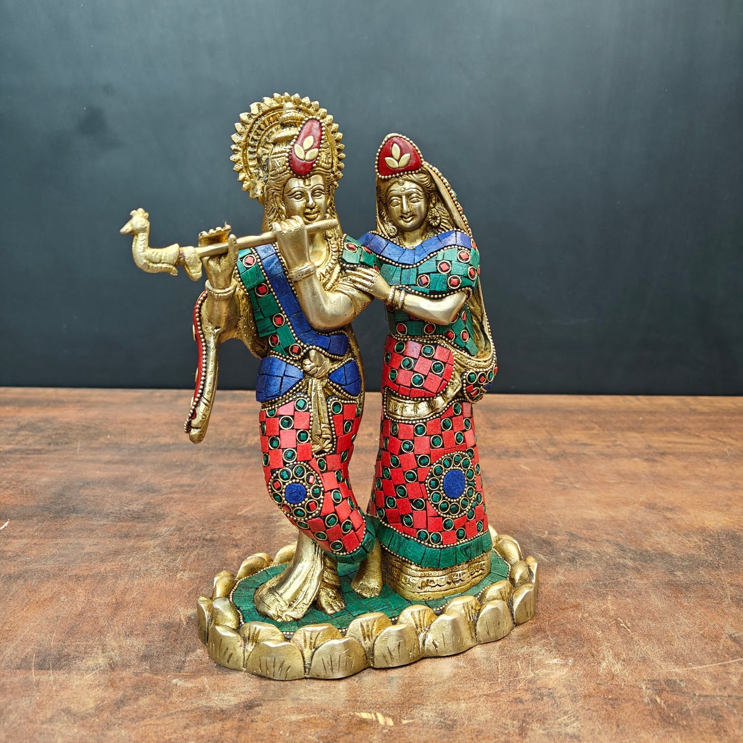 Brass Radha Krishna Idol With Stone Work For Home Decor 10 Inch
