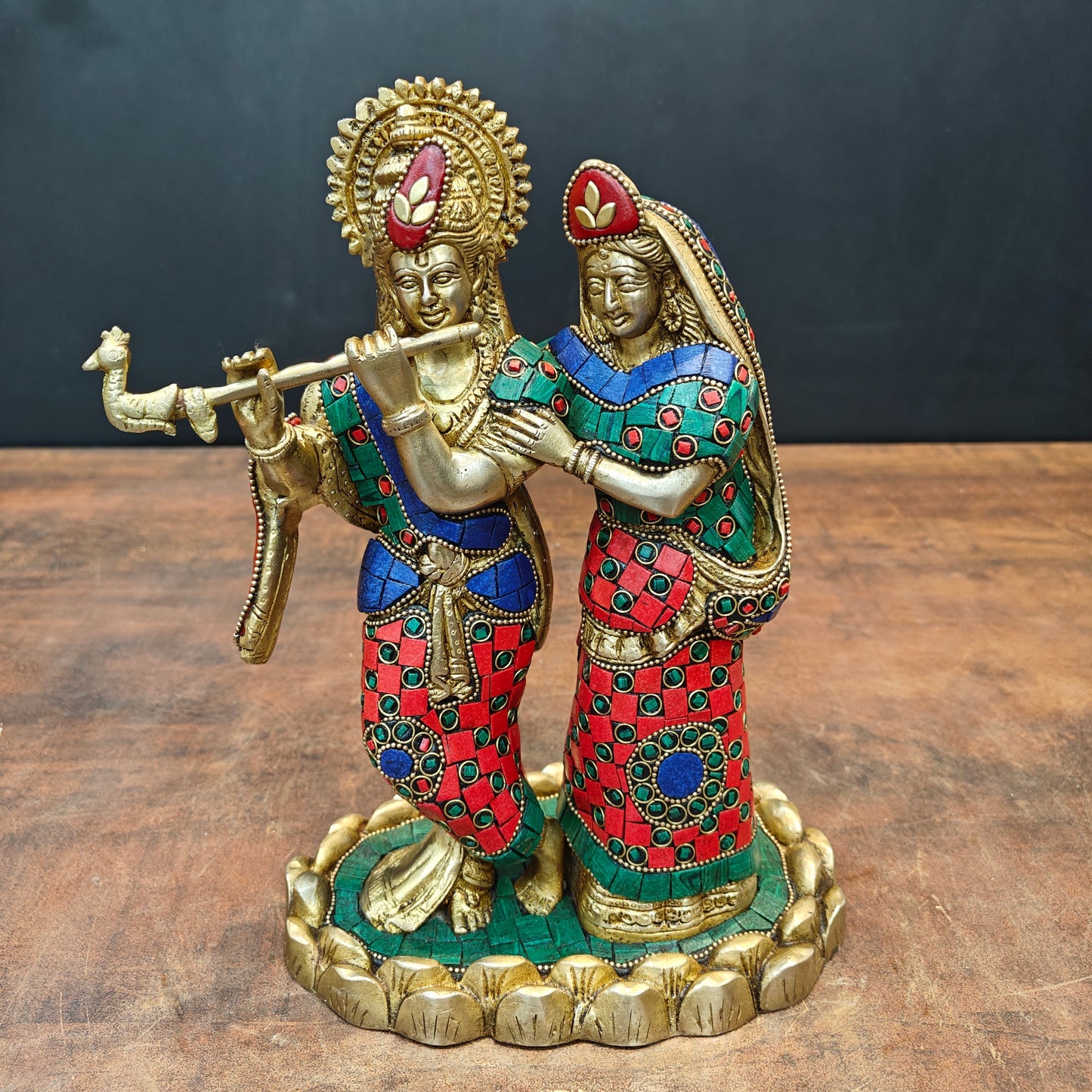 Brass Radha Krishna Idol With Stone Work For Home Decor 10 Inch