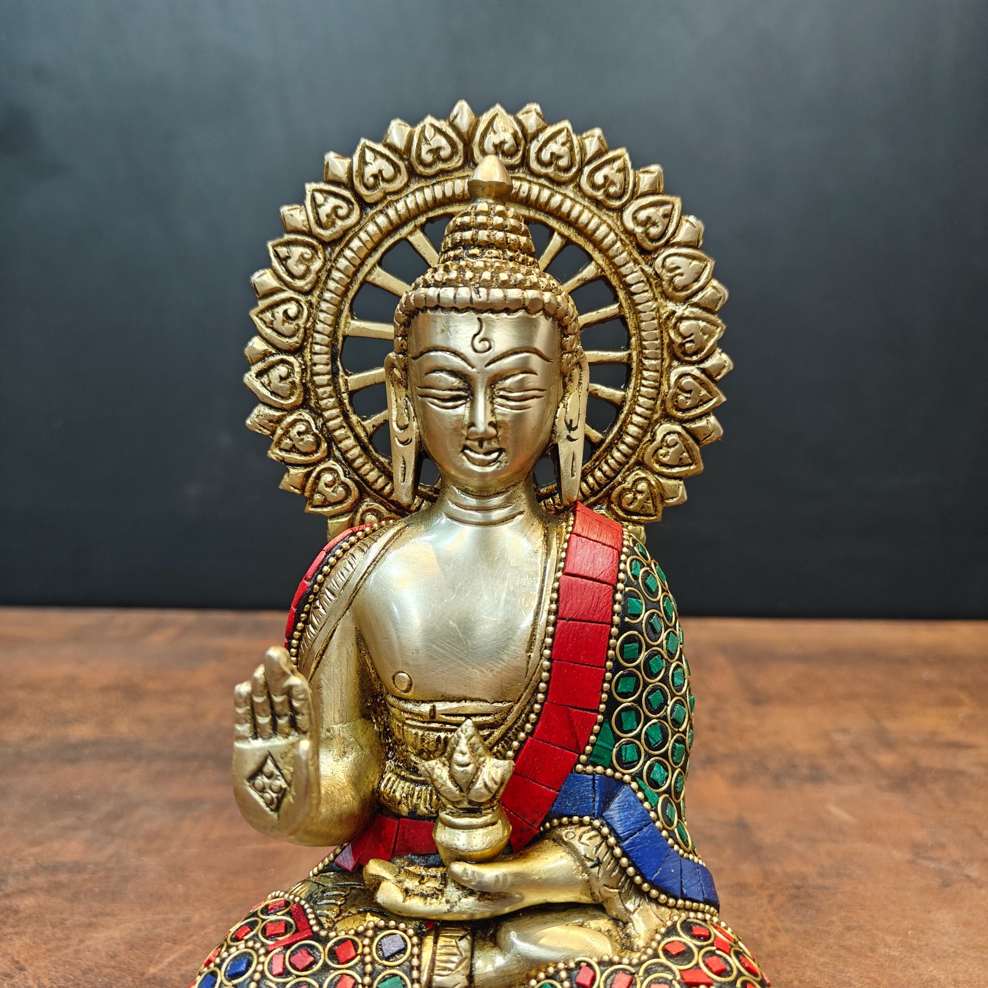 Brass Blessing Buddha Statue With Stone Work 9 Inch - Image 2