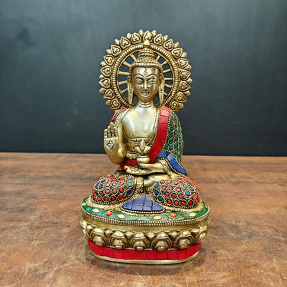 Brass Blessing Buddha Statue With Stone Work 9 Inch by vendor-unknown - Buddha (View 3)