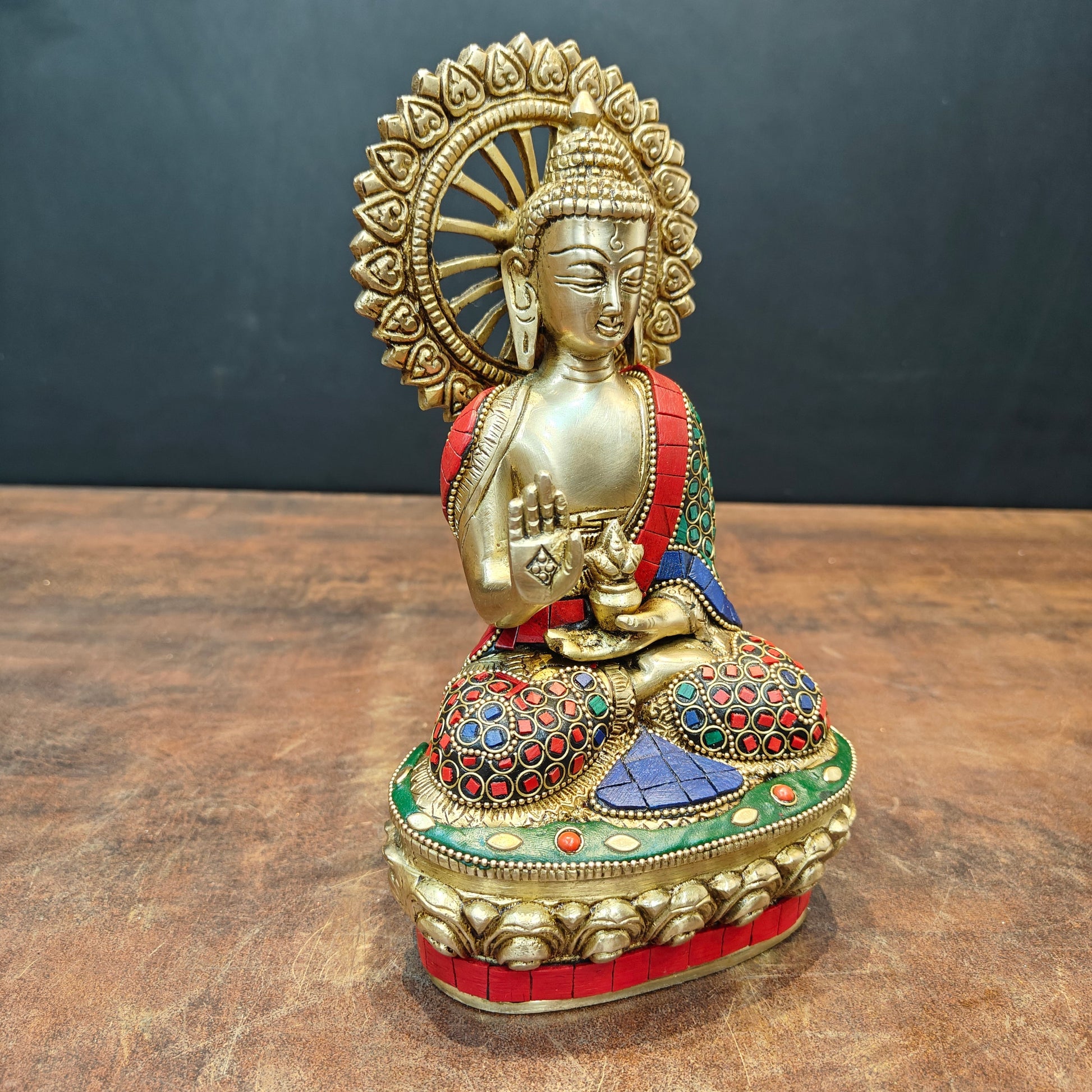 Brass Blessing Buddha Statue With Stone Work 9 Inch - Image 4