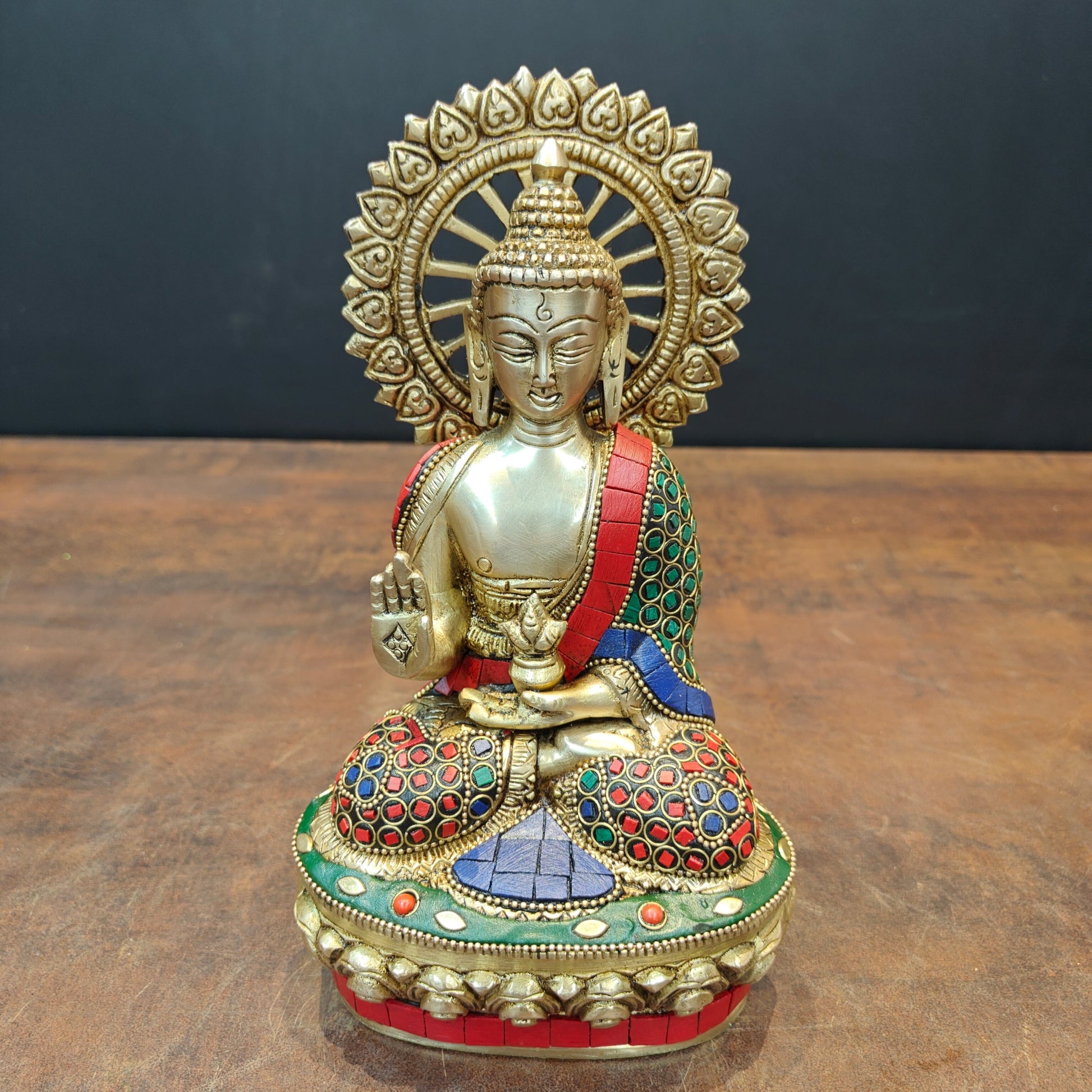 Brass Blessing Buddha Statue With Stone Work 9 Inch - Image 5
