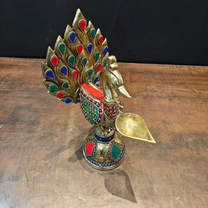 Brass Peacock Lamp Diya With Stone Work For Home Decor 12 Inches by vendor-unknown - Spiritual (View 2)