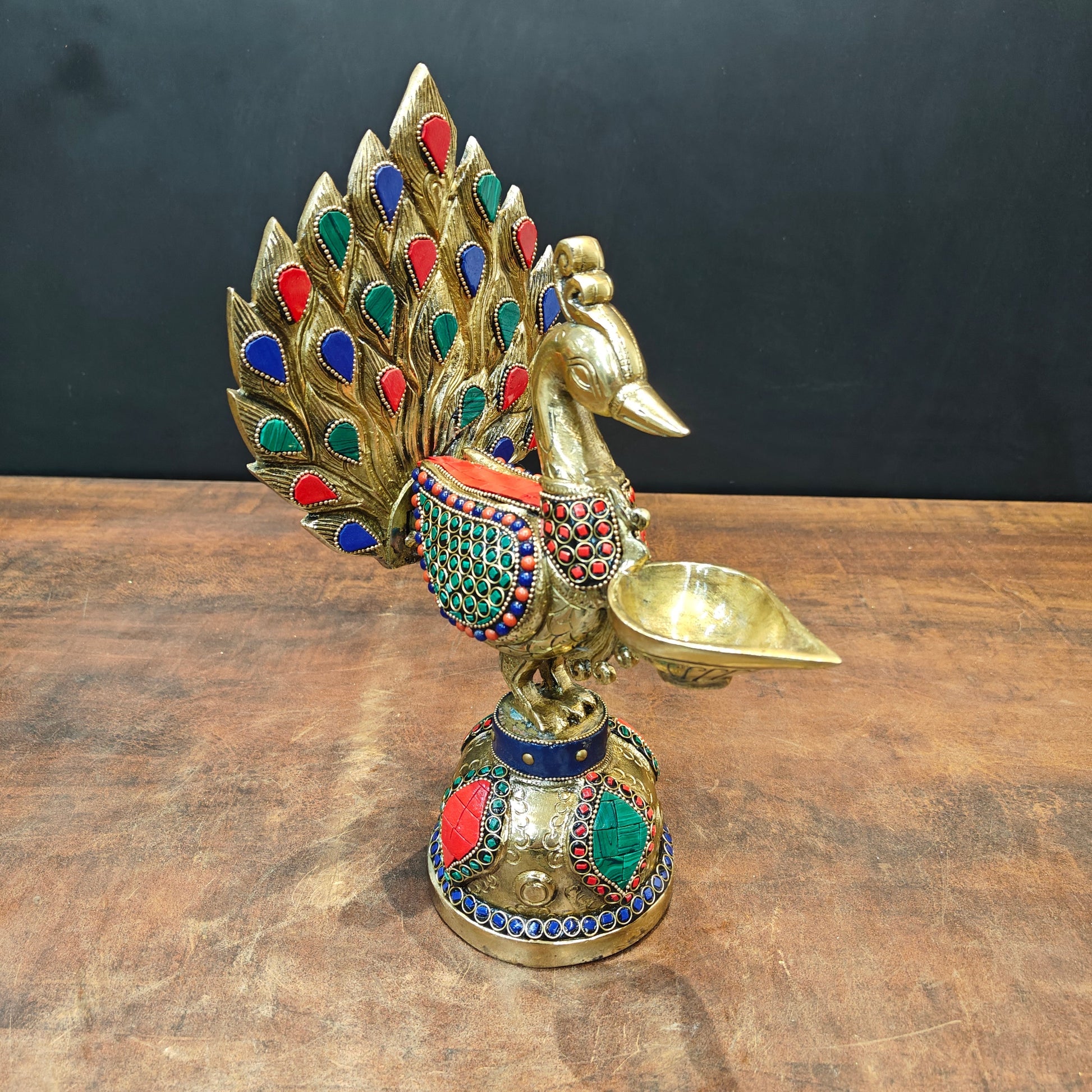 Brass Peacock Lamp Diya With Stone Work For Home Decor 12 Inches - Image 3