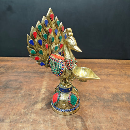 Brass Peacock Lamp Diya With Stone Work For Home Decor 12 Inches by vendor-unknown - Spiritual (View 3)