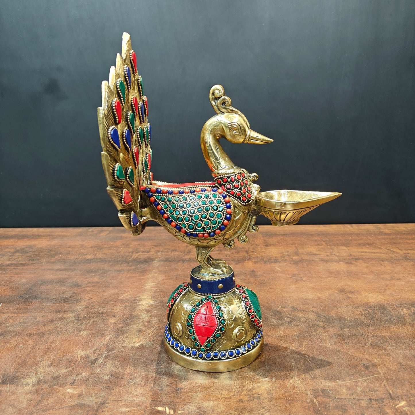 Brass Peacock Lamp Diya With Stone Work For Home Decor 12 Inches