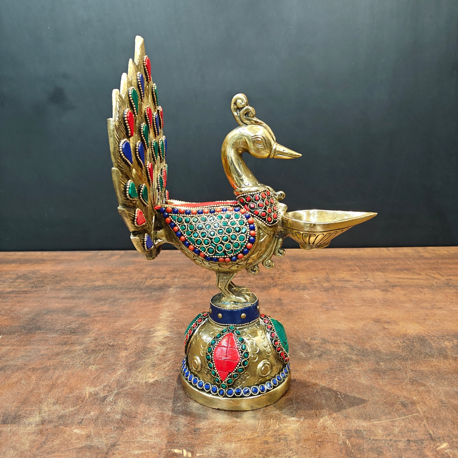 Brass Peacock Lamp Diya With Stone Work For Home Decor 12 Inches - Image 4