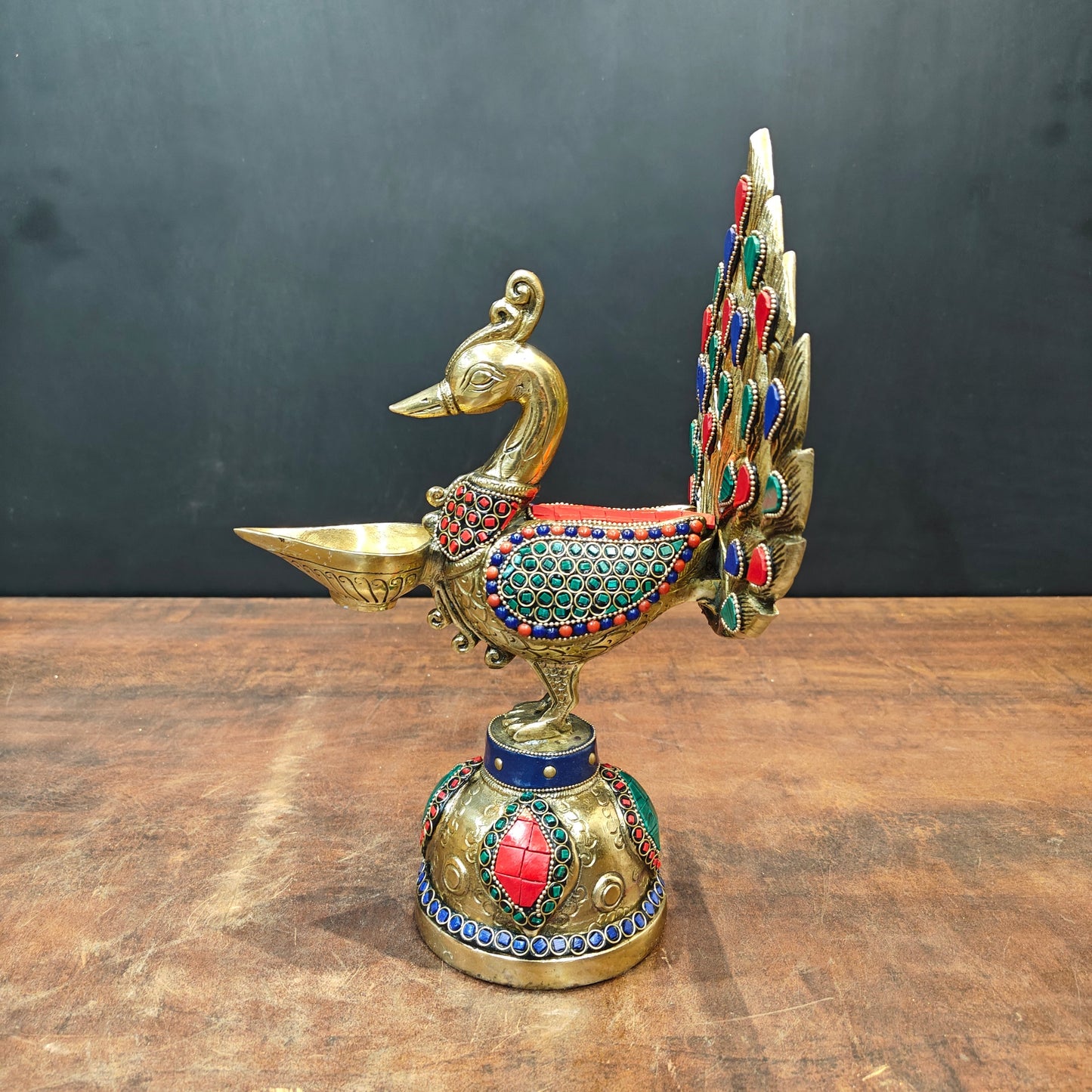 Brass Peacock Lamp Diya With Stone Work For Home Decor 12 Inches