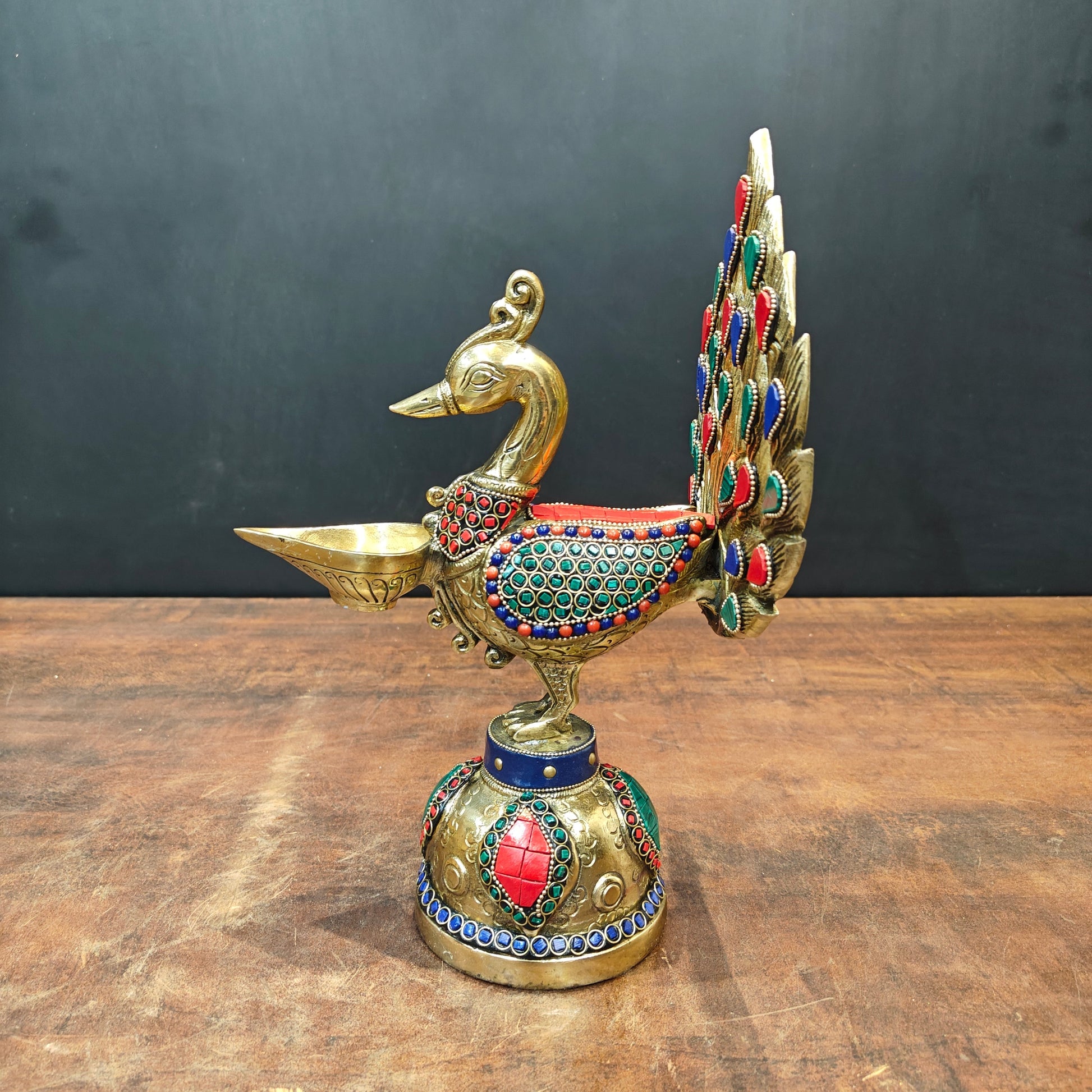 Brass Peacock Lamp Diya With Stone Work For Home Decor 12 Inches - Image 5