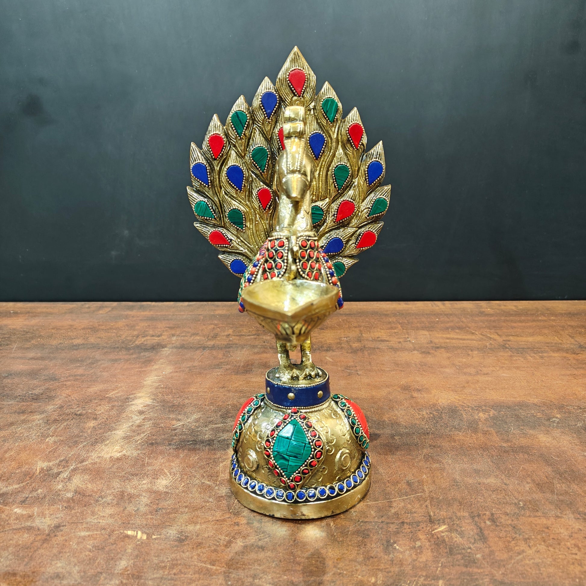Brass Peacock Lamp Diya With Stone Work For Home Decor 12 Inches - Image 6