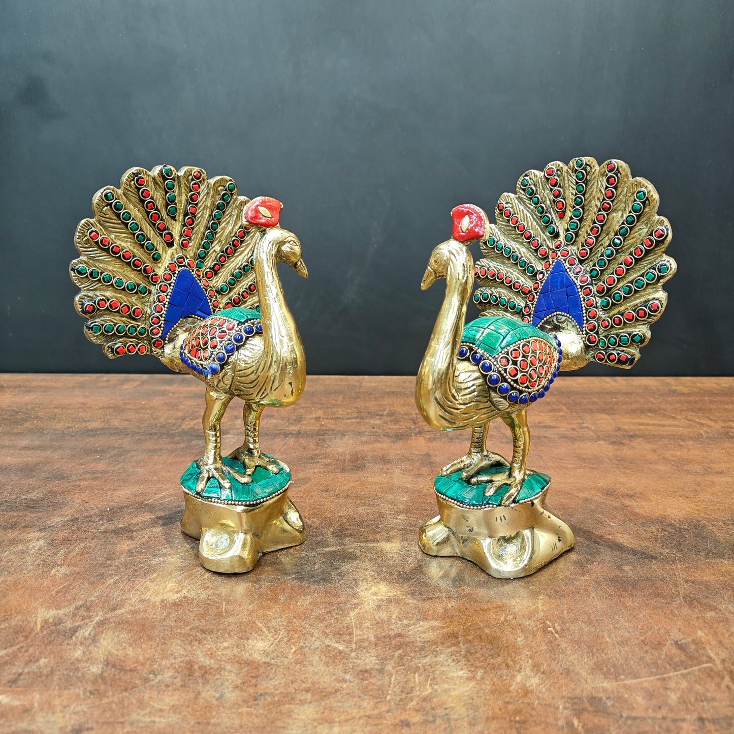 Brass Peacock Pair With Stone Work Showpiece For Home Decor 8 Inches
