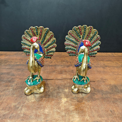 Brass Peacock Pair With Stone Work Showpiece For Home Decor 8 Inches by vendor-unknown - Decor (View 2)
