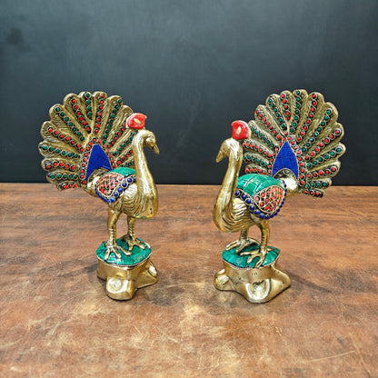 Brass Peacock Pair With Stone Work Showpiece For Home Decor 8 Inches by vendor-unknown - Decor (View 4)