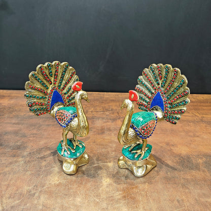 Brass Peacock Pair With Stone Work Showpiece For Home Decor 8 Inches by vendor-unknown - Decor (View 5)