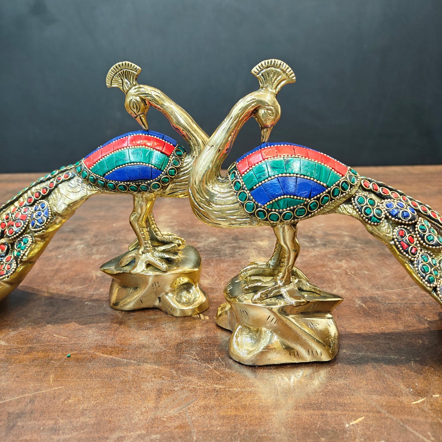 Brass Peacock Pair With Stone Work Showpiece 11 Inch