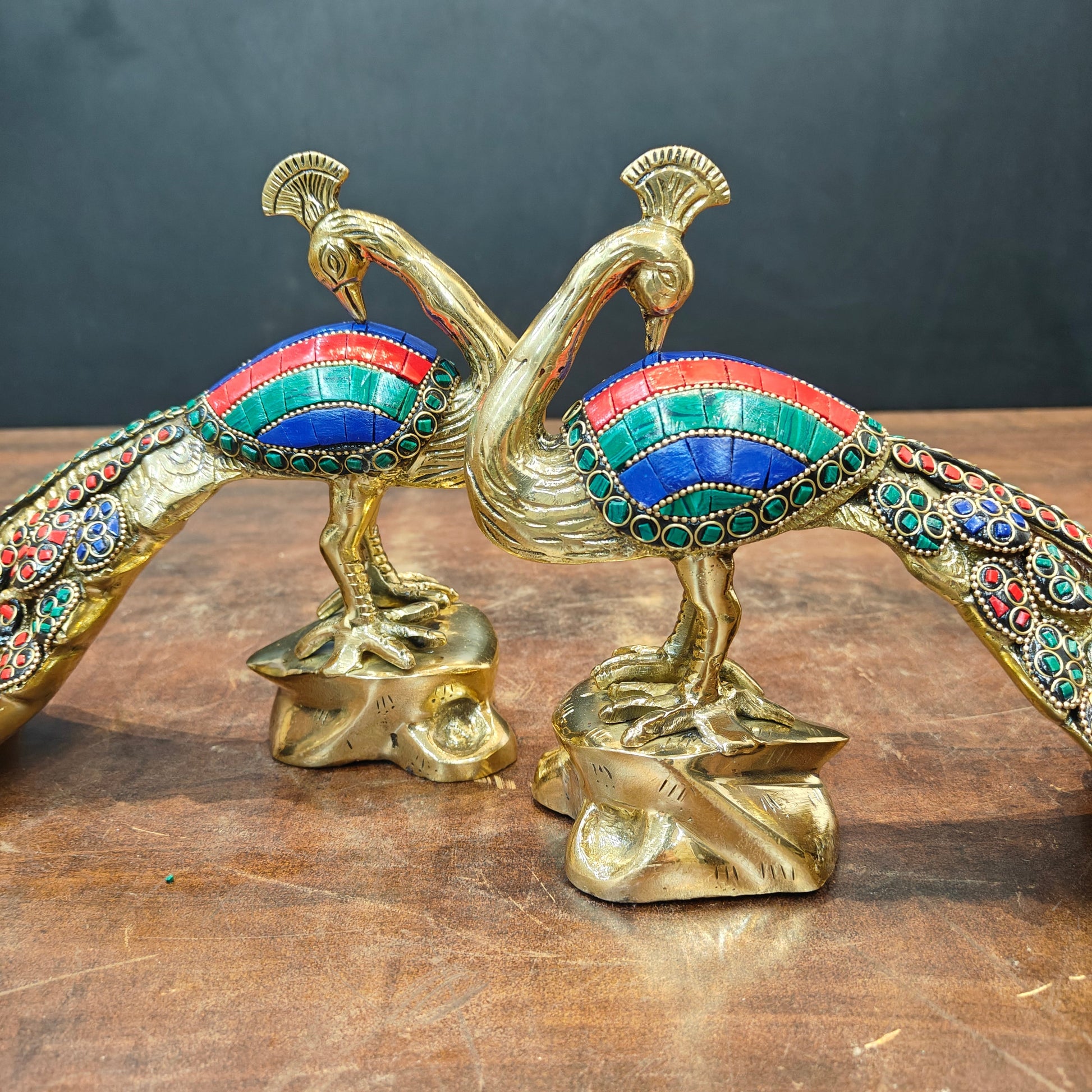 Brass Peacock Pair With Stone Work Showpiece 11 Inch - Image 2