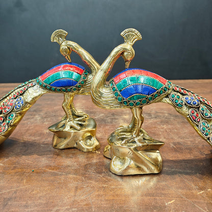 Brass Peacock Pair With Stone Work Showpiece 11 Inch by vendor-unknown - Decor (View 2)