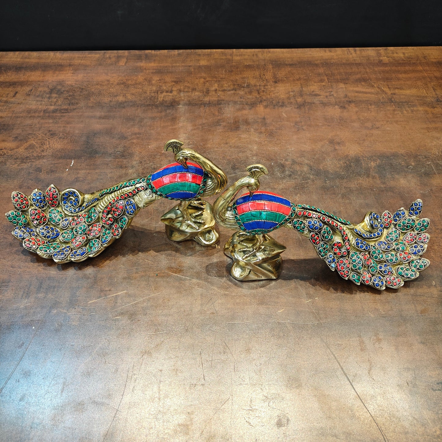 Brass Peacock Pair With Stone Work Showpiece 11 Inch
