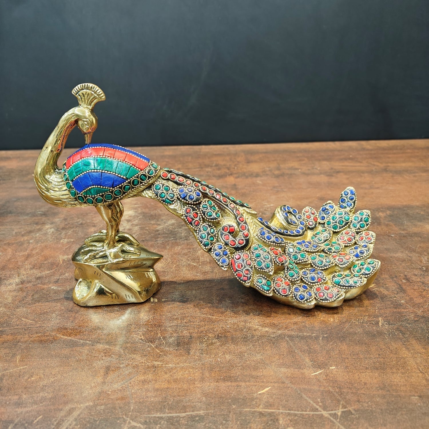 Brass Peacock Pair With Stone Work Showpiece 11 Inch - Image 4