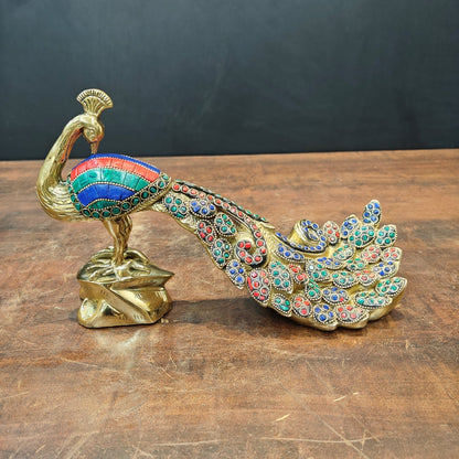 Brass Peacock Pair With Stone Work Showpiece 11 Inch by vendor-unknown - Decor (View 4)