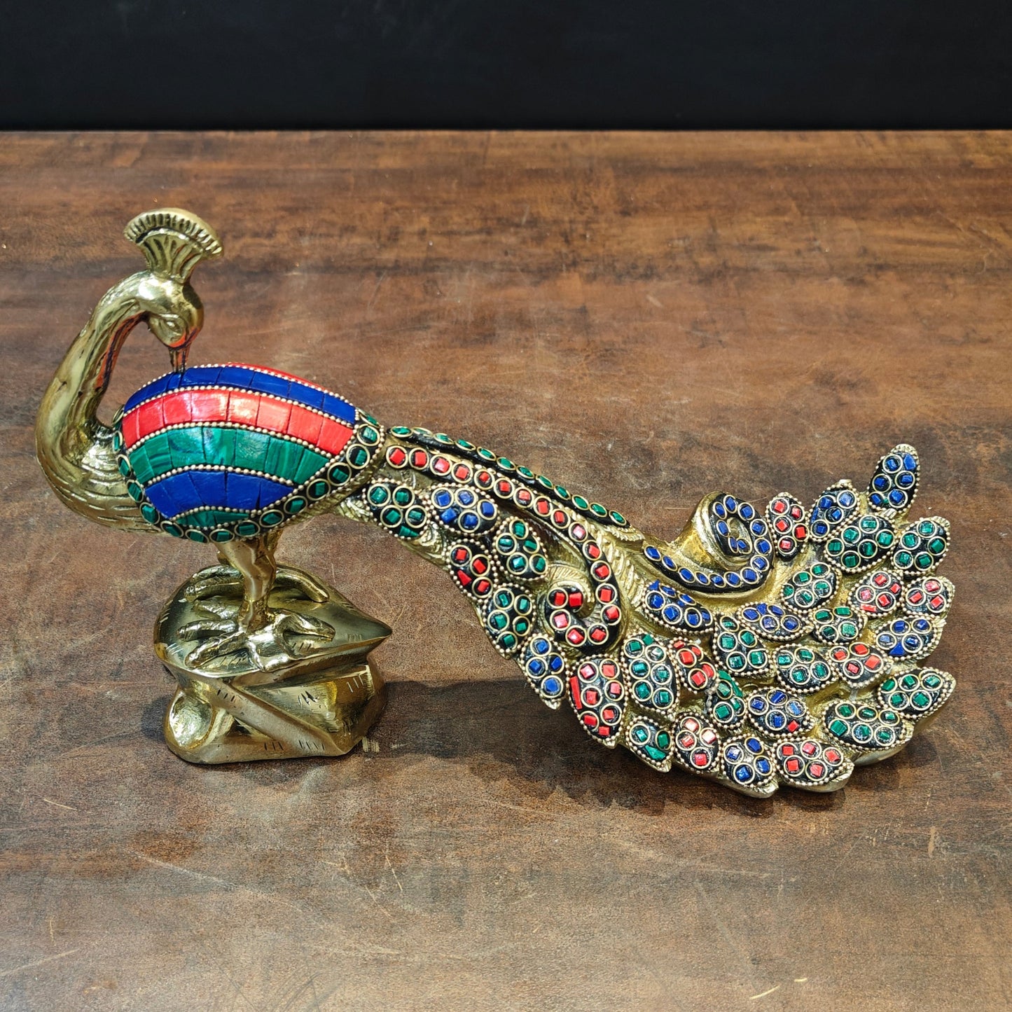 Brass Peacock With Stone Work Showpiece For Home Decor 11 Inch