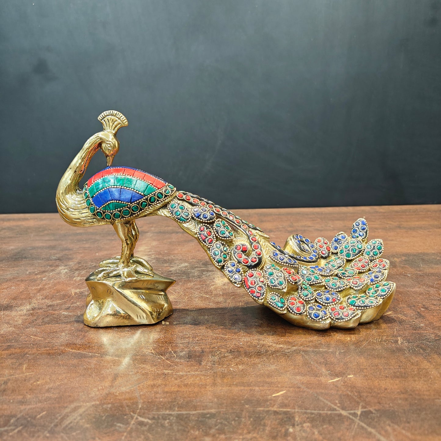 Brass Peacock Pair With Stone Work Showpiece 11 Inch