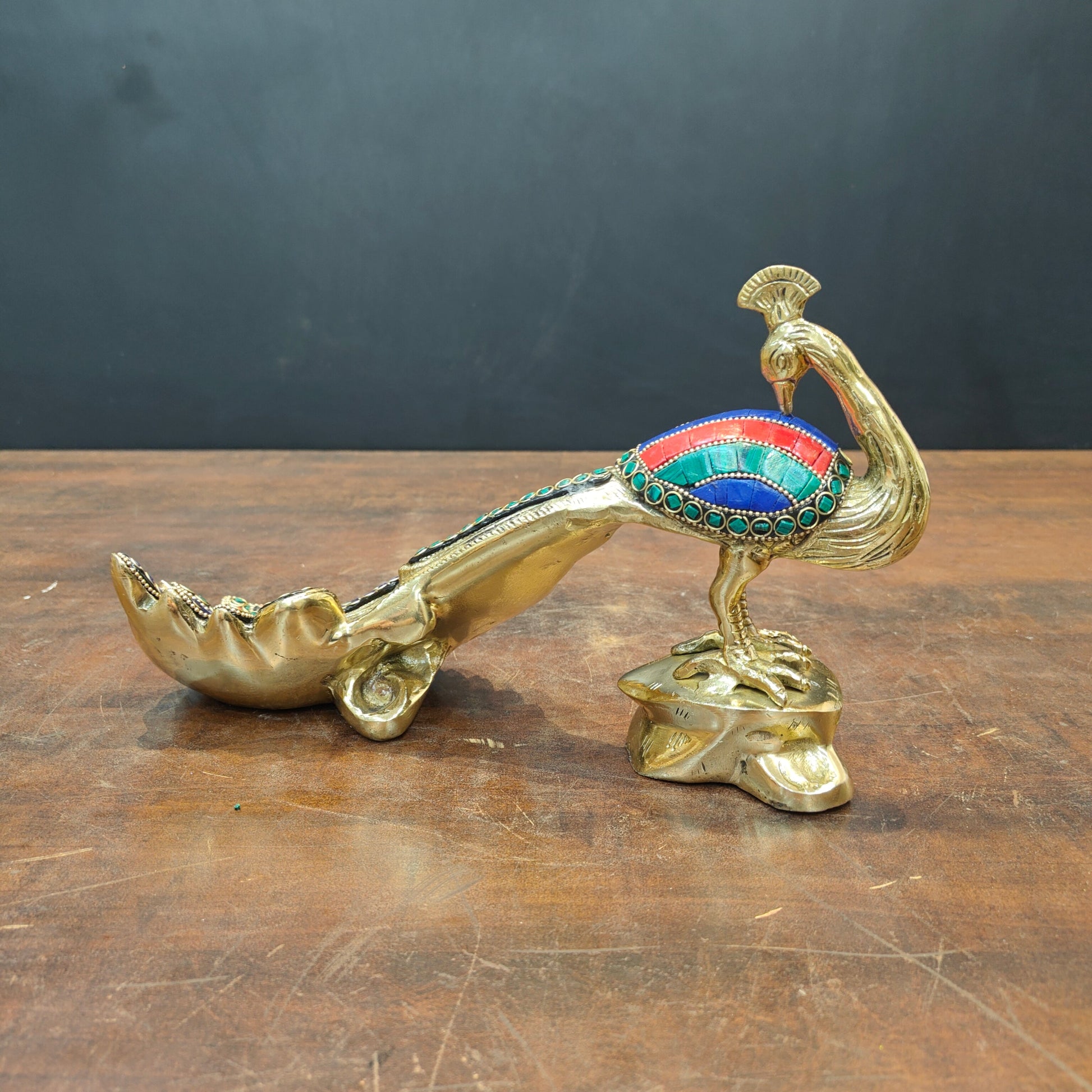 Brass Peacock With Stone Work Showpiece For Home Decor 11 Inch - Image 5