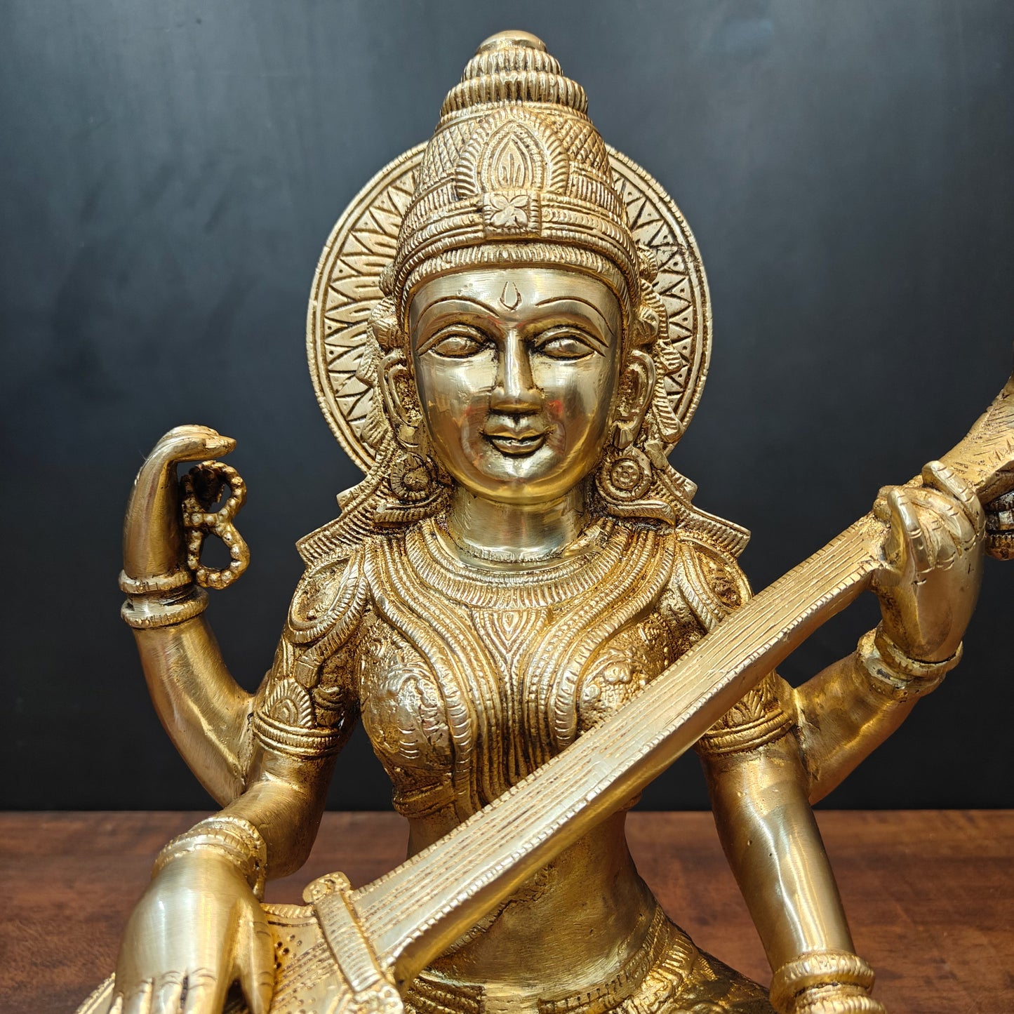Brass Goddess Saraswati Idol Playing With Veena 15 Inches