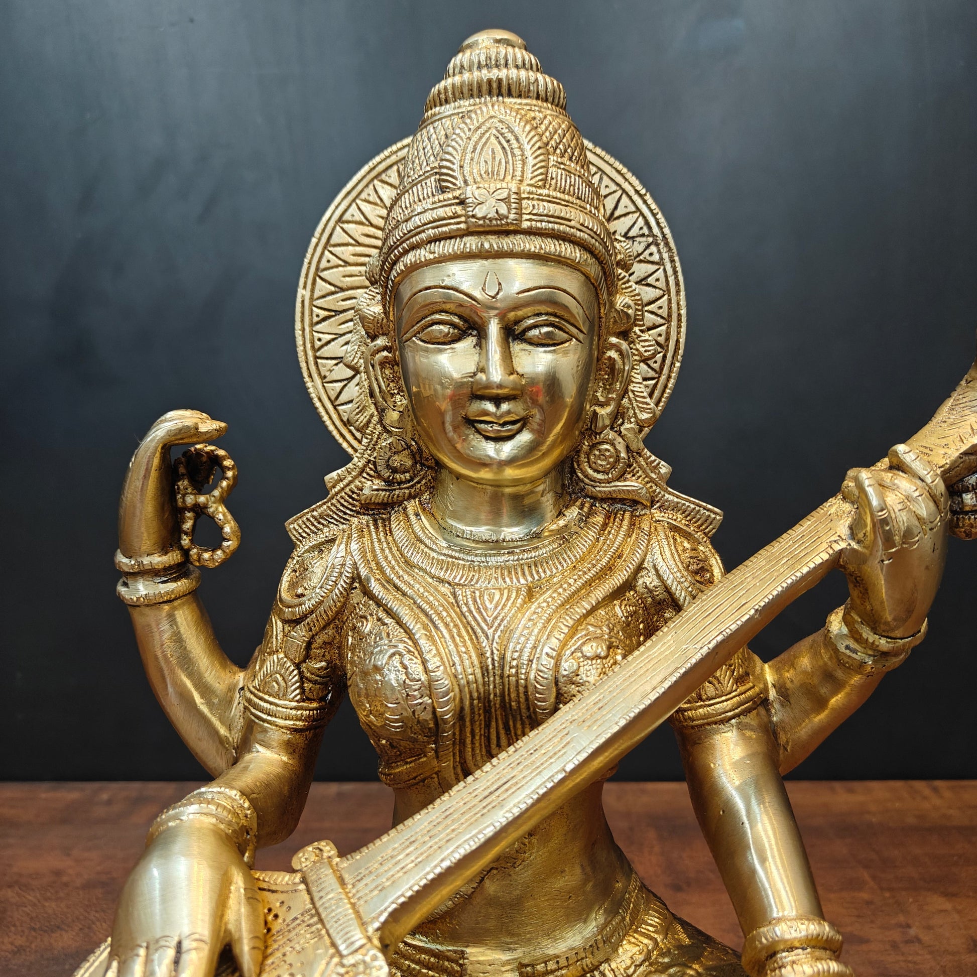 Brass Goddess Saraswati Idol Playing With Veena 15 Inches - Image 2