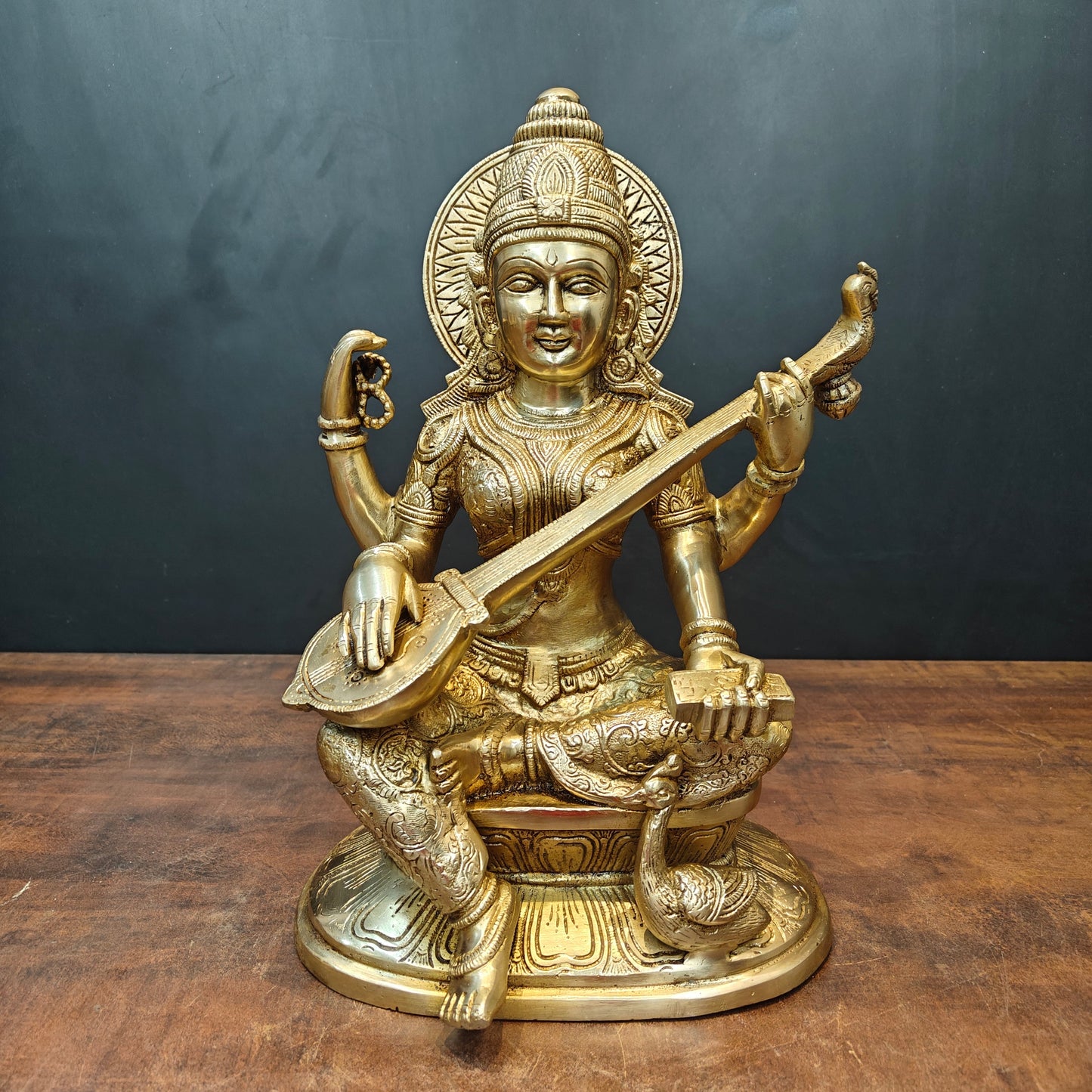 Brass Goddess Saraswati Idol Playing With Veena 15 Inches