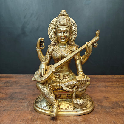 Brass Goddess Saraswati Idol Playing With Veena 15 Inches by vendor-unknown - Hindu Gods (View 3)