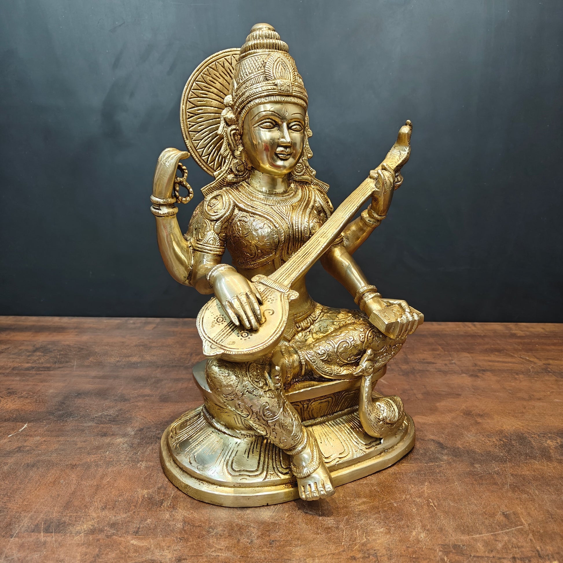 Brass Goddess Saraswati Idol Playing With Veena 15 Inches - Image 4