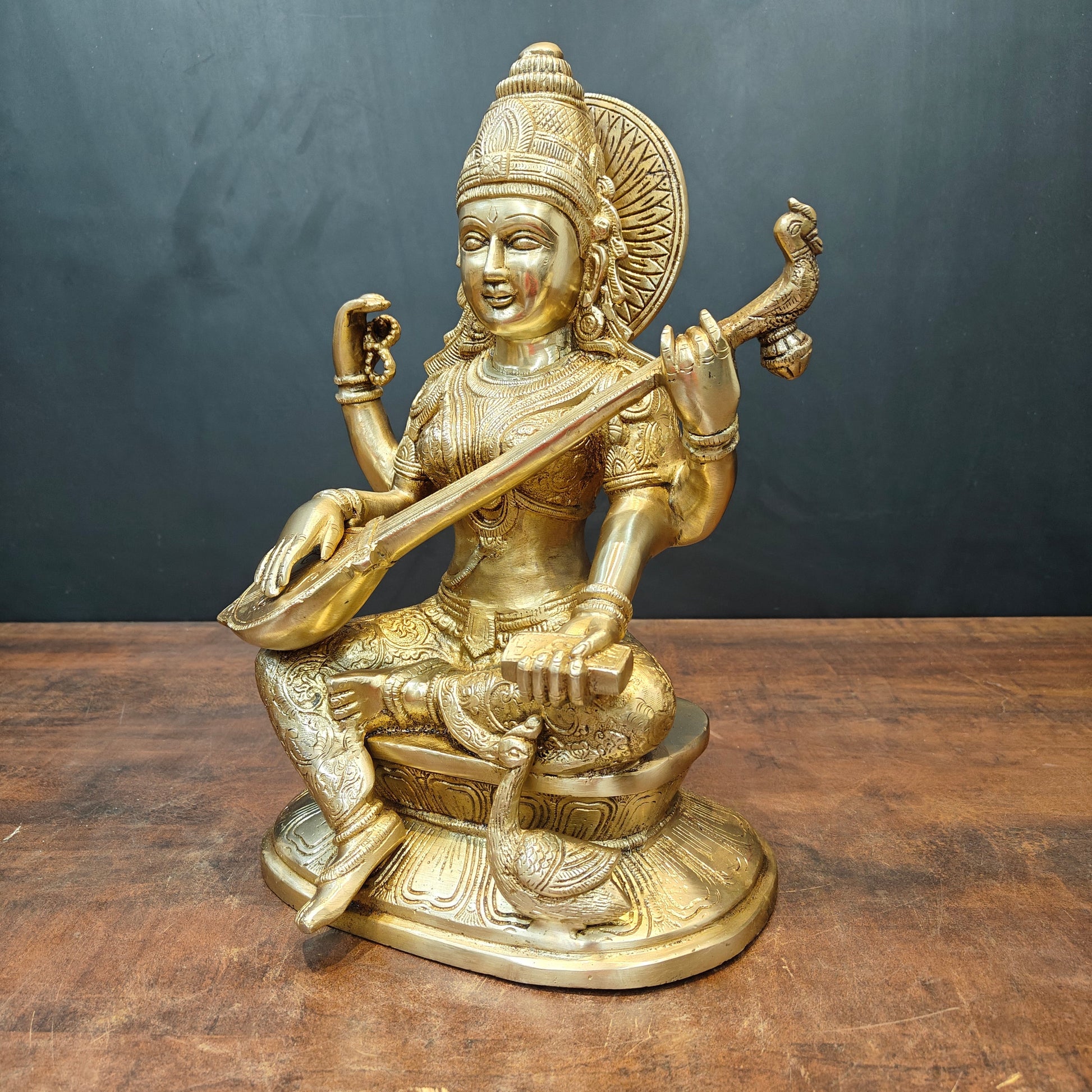 Brass Goddess Saraswati Idol Playing With Veena 15 Inches - Image 5