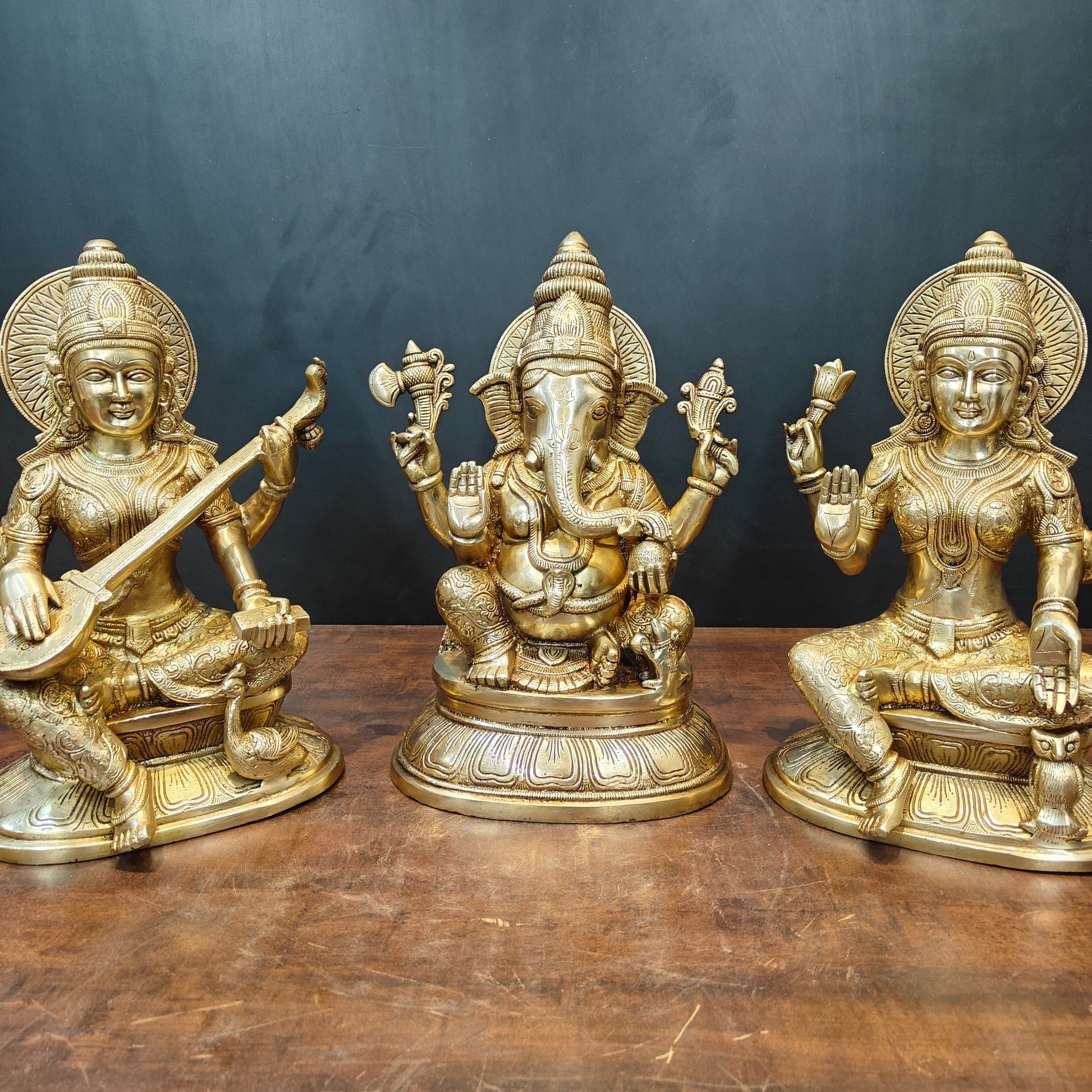 Brass Ganesha Lakshmi Saraswati Idols On Lotus Base 15 Inches - Image 3