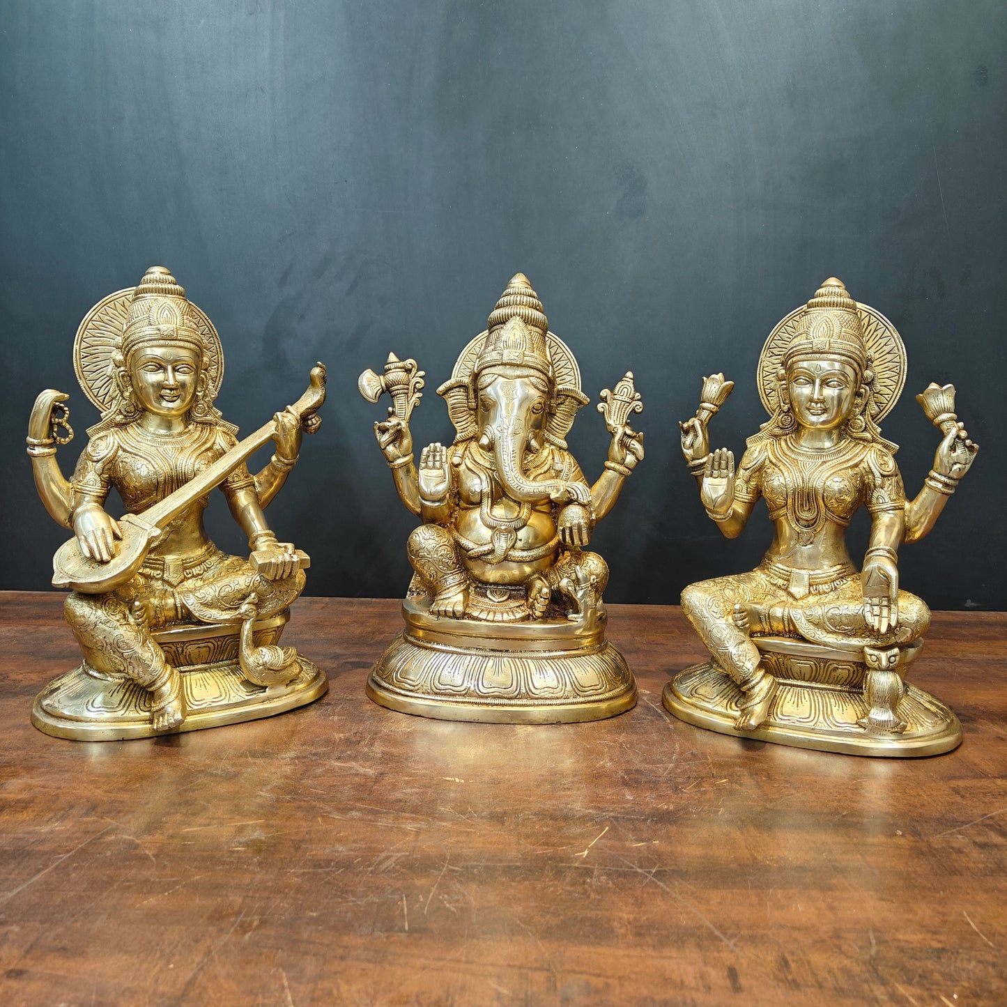 Brass Ganesha Lakshmi Saraswati Idols On Lotus Base 15 Inches