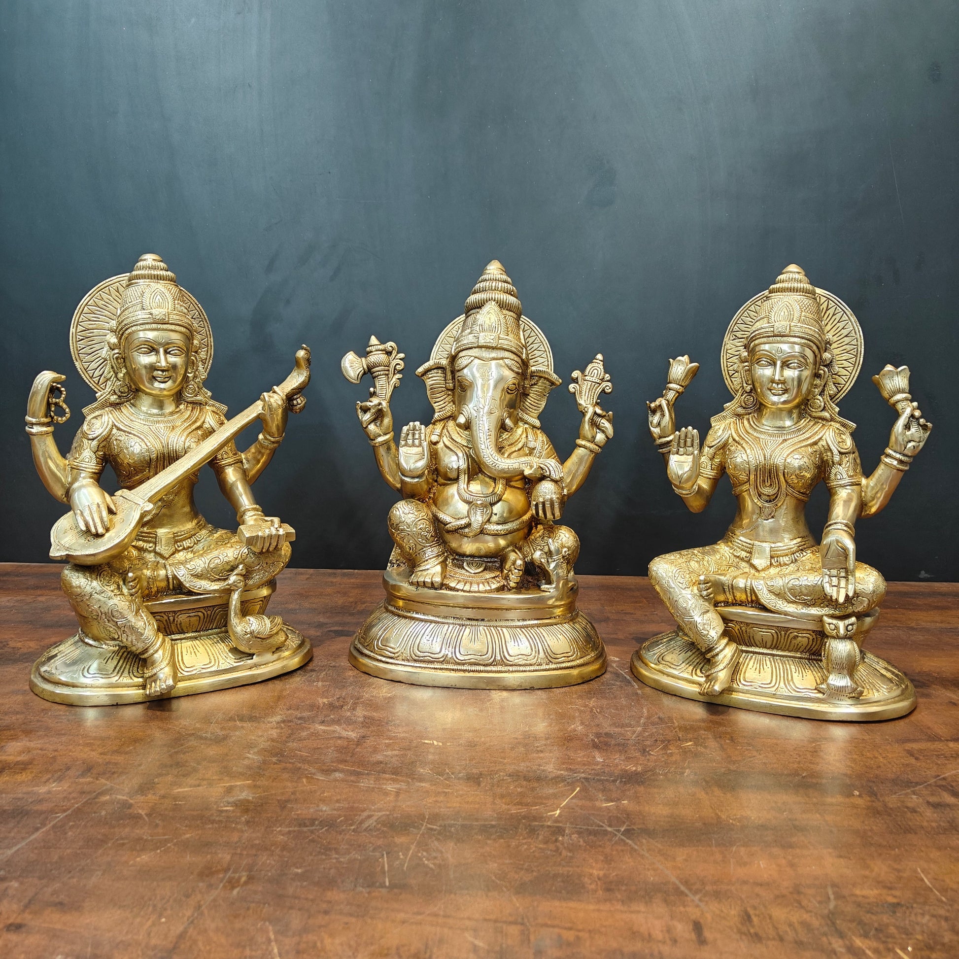 Brass Ganesha Lakshmi Saraswati Idols On Lotus Base 15 Inches - Image 4