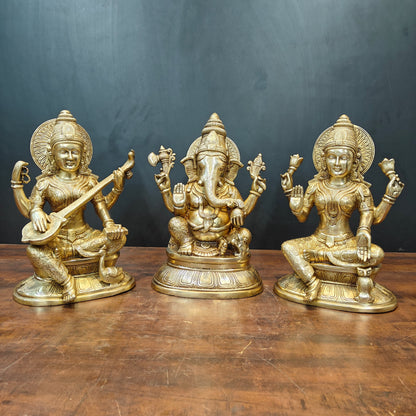 Brass Ganesha Lakshmi Saraswati Idols On Lotus Base 15 Inches by vendor-unknown - Hindu Gods (View 4)