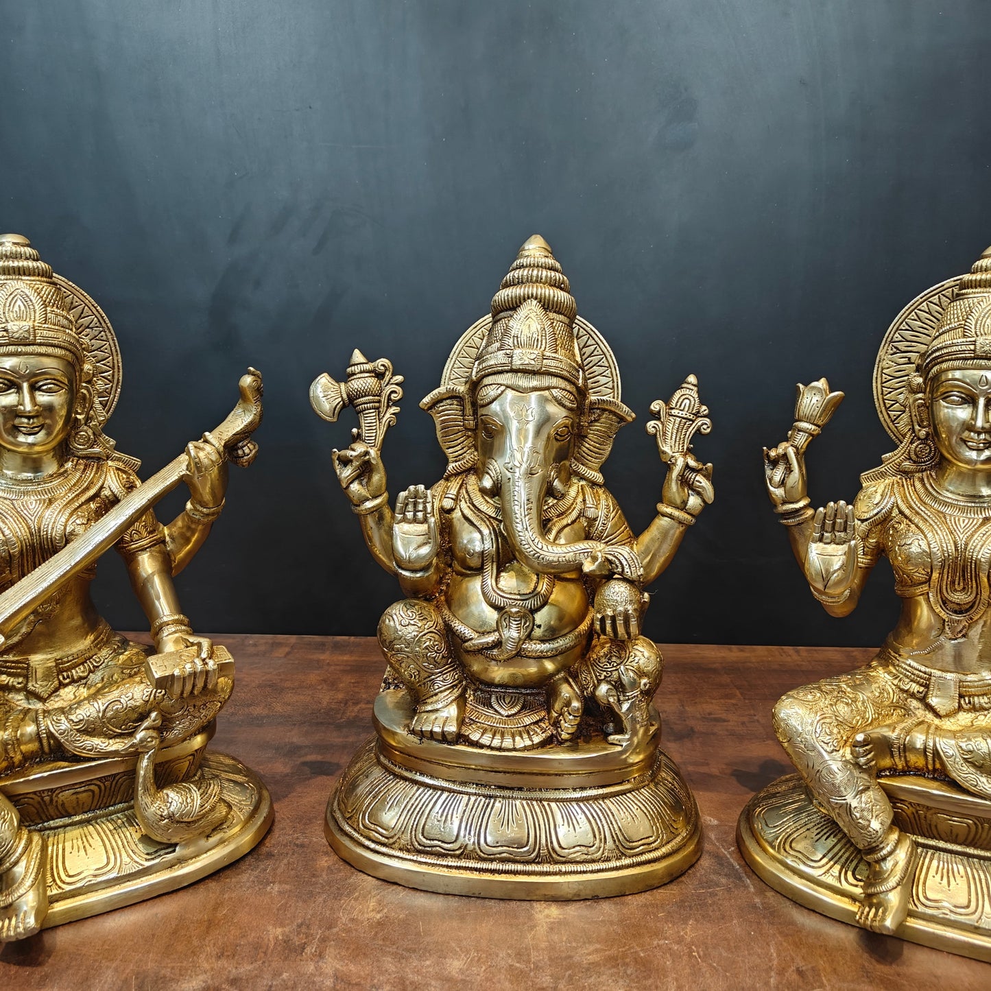 Brass Ganesha Lakshmi Saraswati Idols On Lotus Base 15 Inches