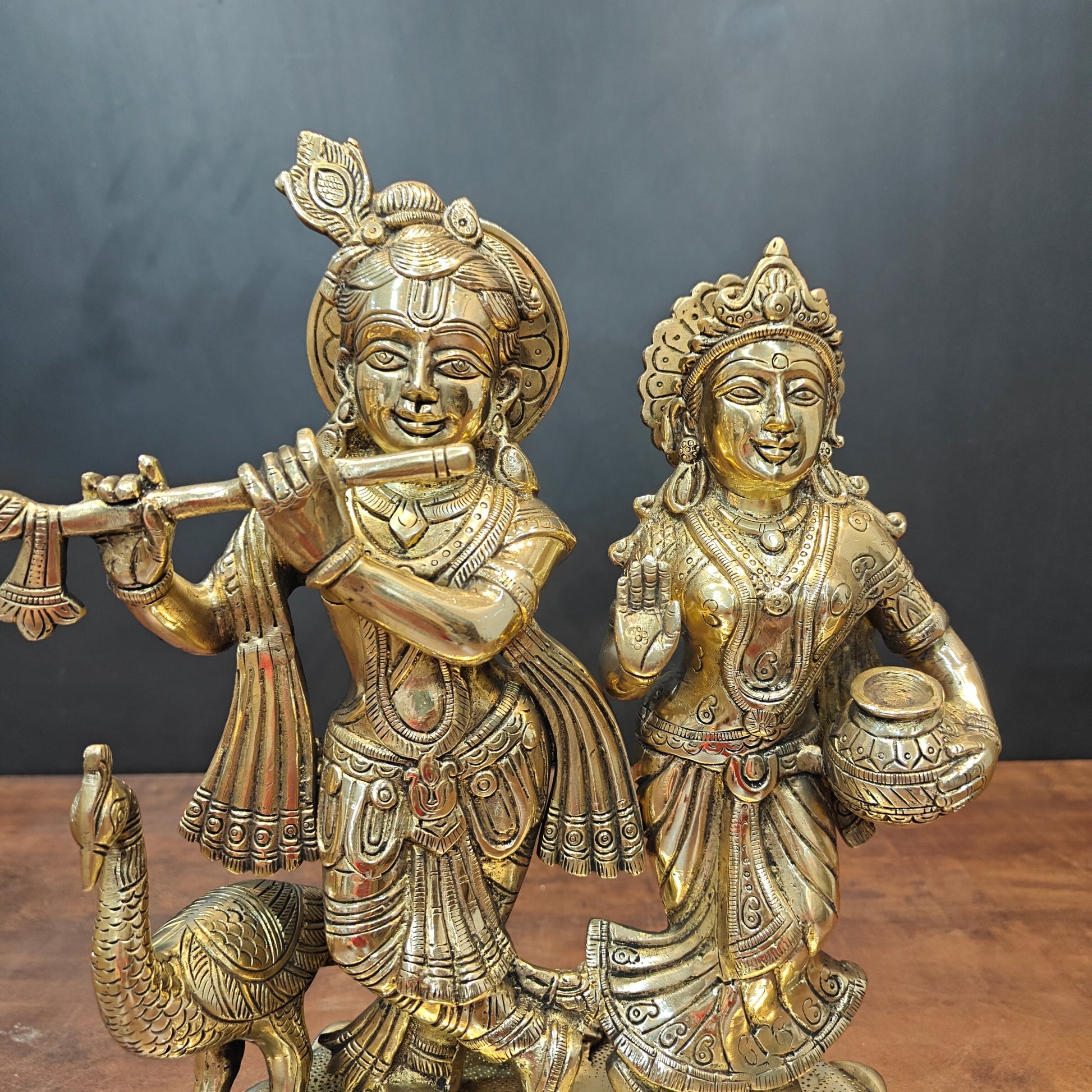 Brass Radha Krishna Idols With Peacock For Home Temple Decor 14 Inch - Image 2