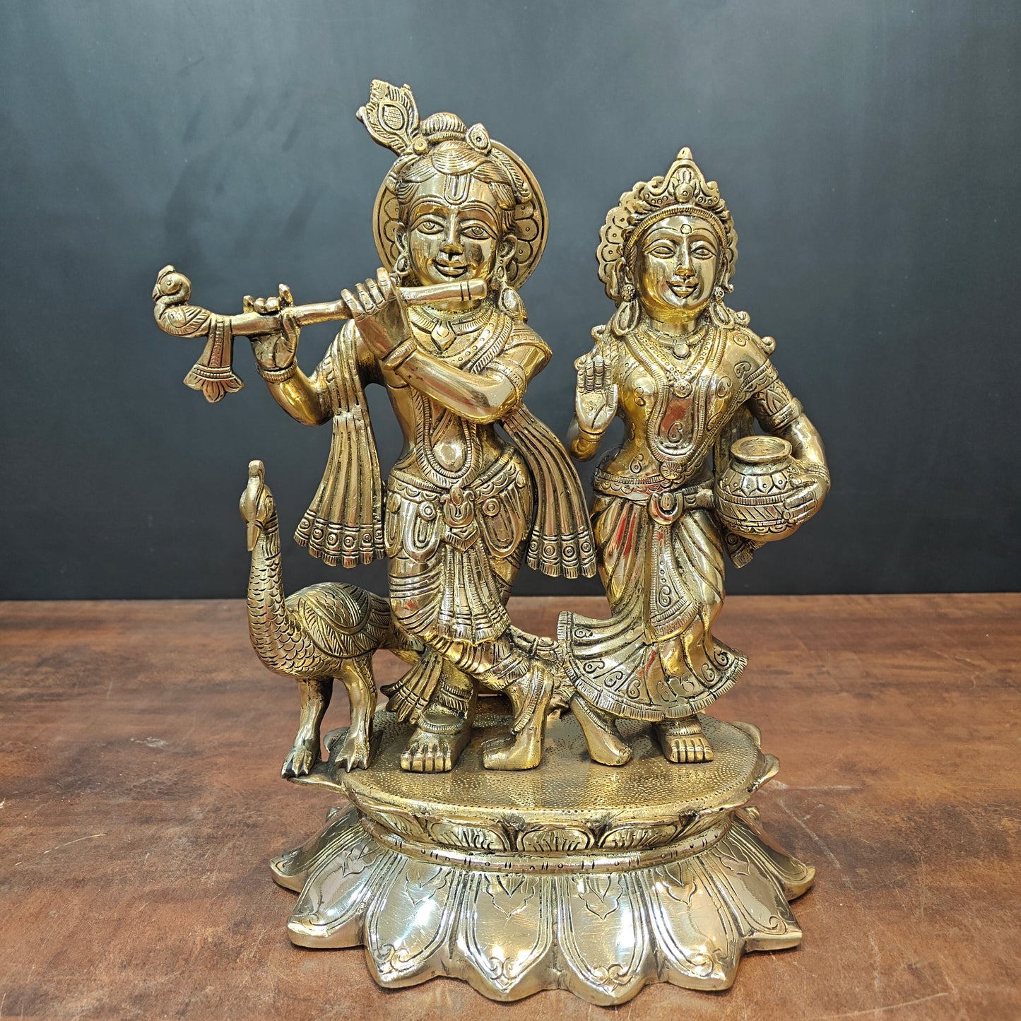 Brass Radha Krishna Idols With Peacock For Home Temple Decor 14 Inch