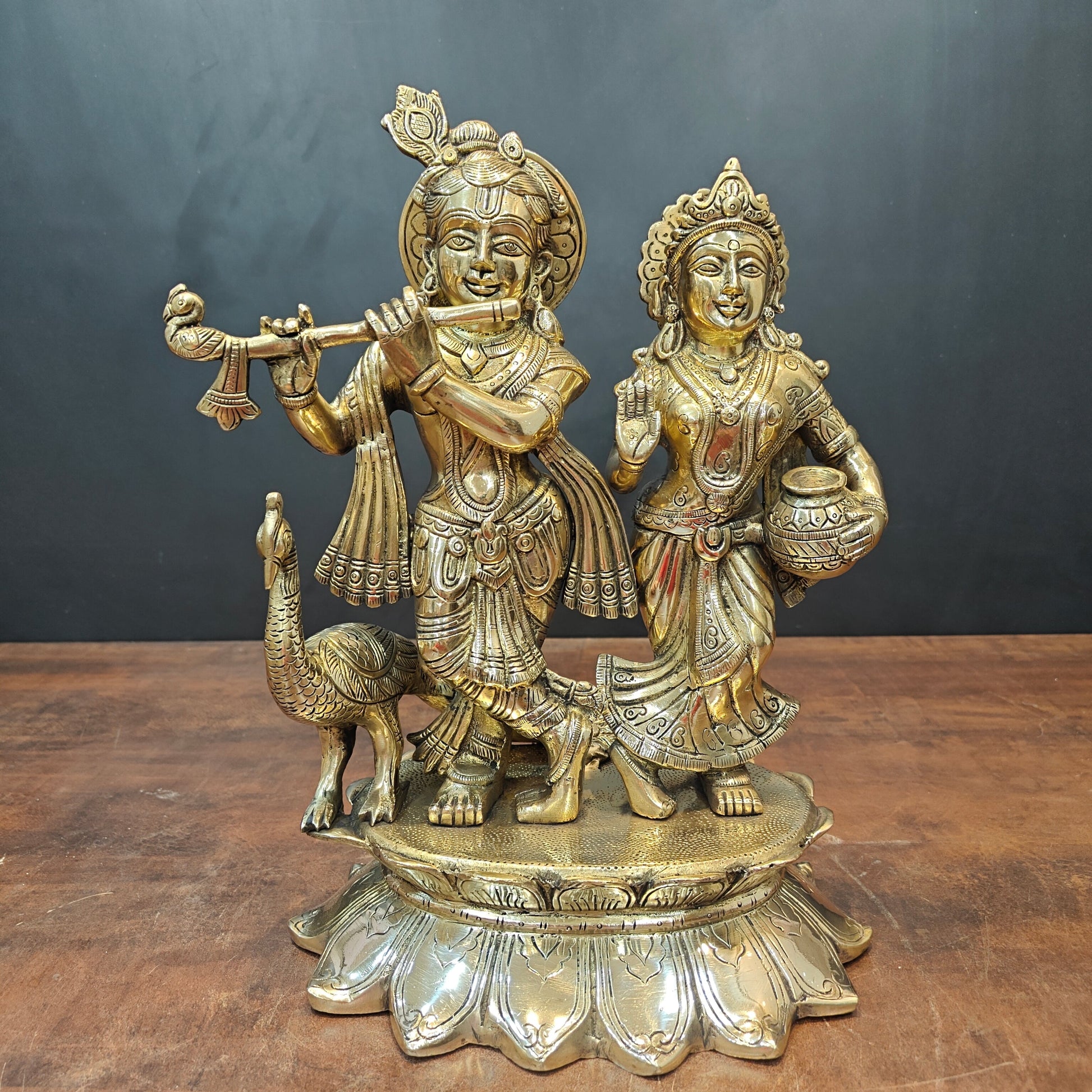 Brass Radha Krishna Idols With Peacock For Home Temple Decor 14 Inch - Image 3