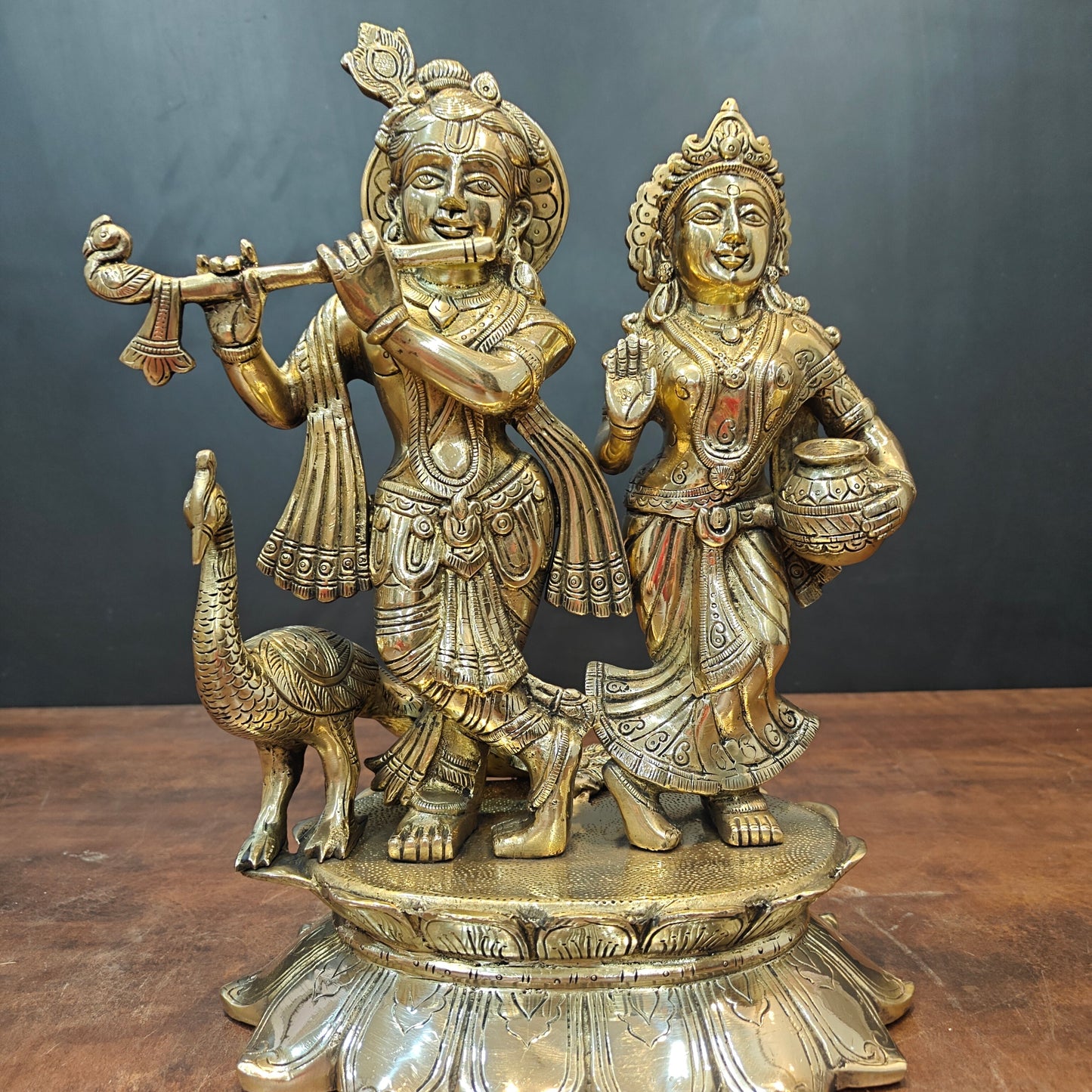 Brass Radha Krishna Idols With Peacock For Home Temple Decor 14 Inch