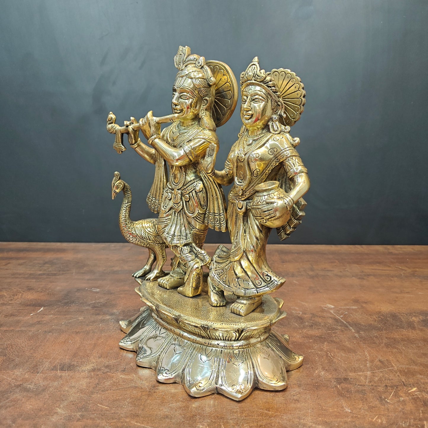 Brass Radha Krishna Idols With Peacock For Home Temple Decor 14 Inch